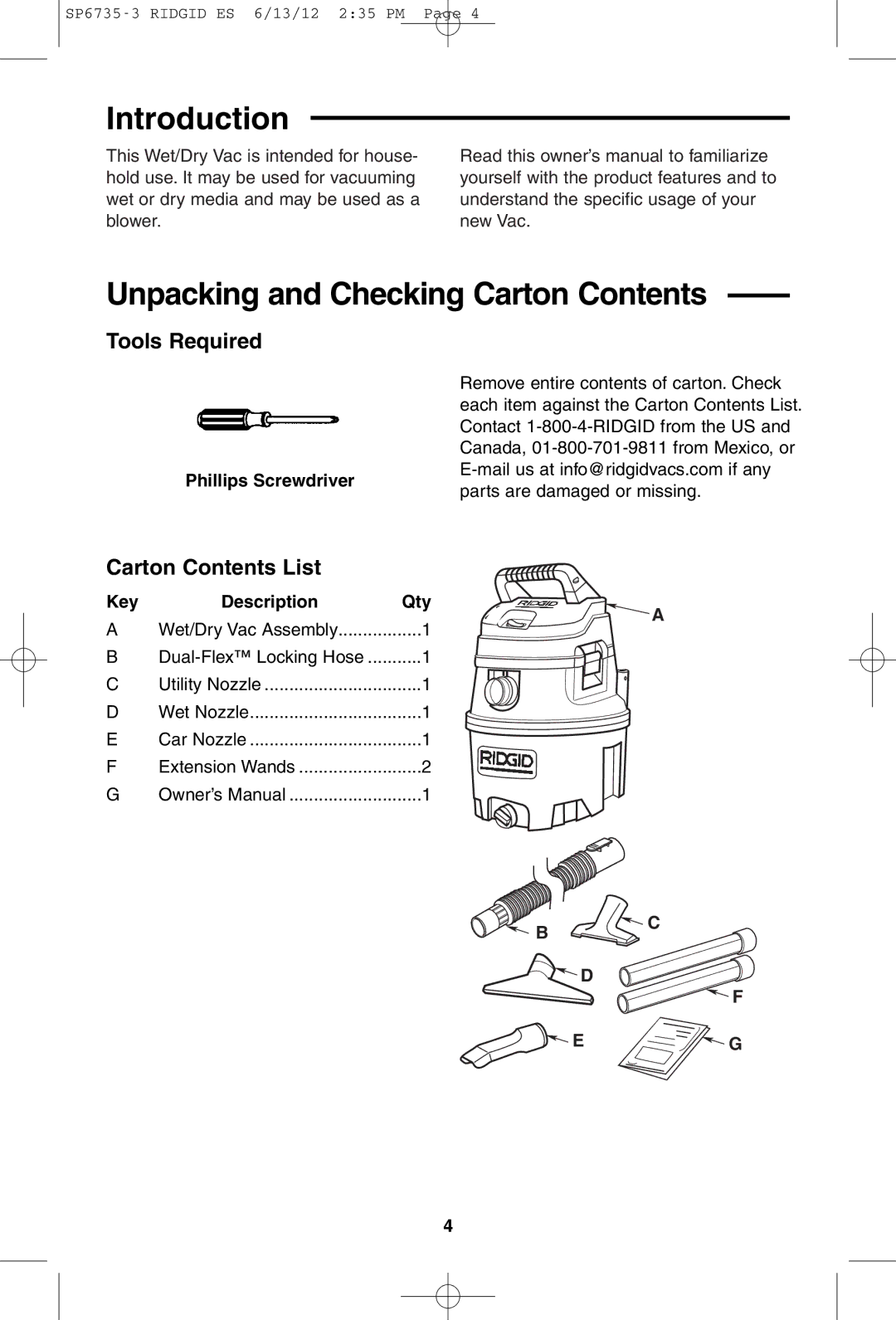 RIDGID WD14500 owner manual Introduction, Unpacking and Checking Carton Contents 