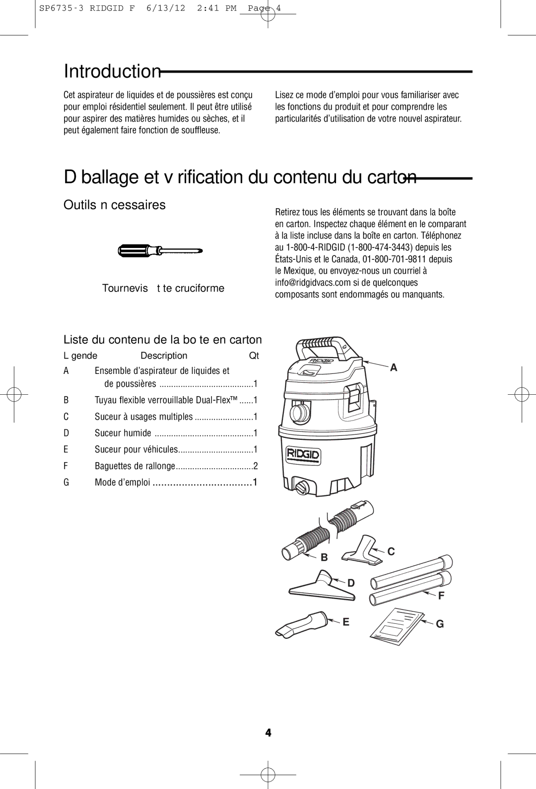 RIDGID WD14500 owner manual Déballage et vérification du contenu du carton, Outils nécessaires 