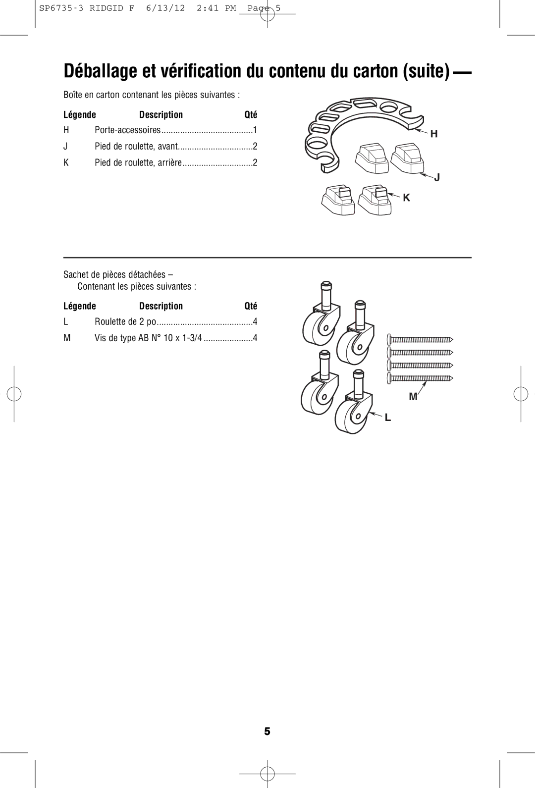 RIDGID WD14500 Déballage et vérification du contenu du carton suite, Boîte en carton contenant les pièces suivantes 