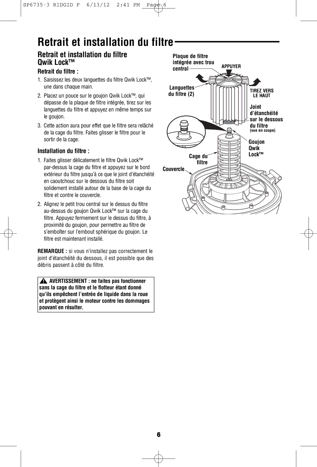 RIDGID WD14500 Retrait et installation du filtre Qwik Lock, Retrait du filtre, Installation du filtre, LockQwik 