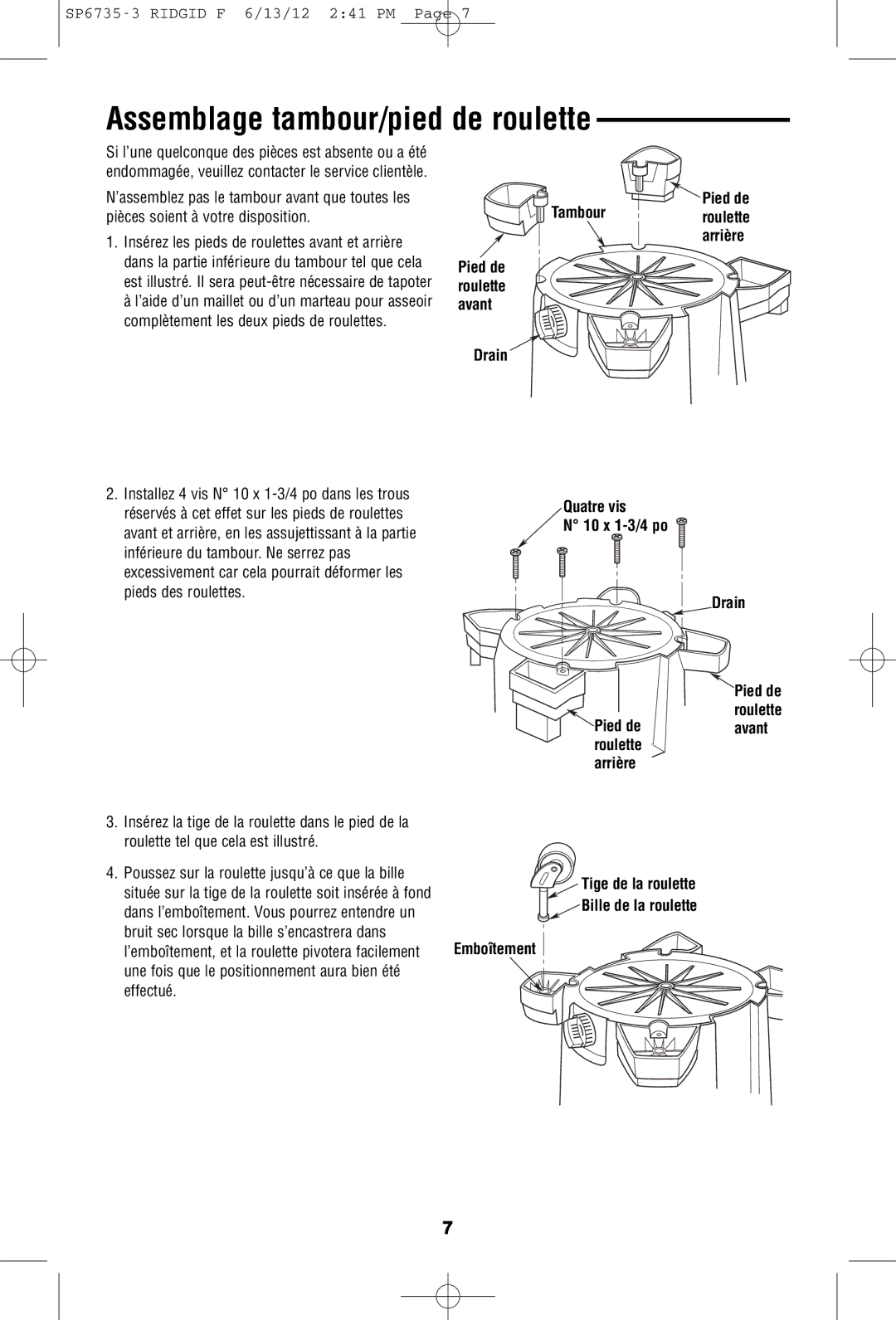 RIDGID WD14500 owner manual Assemblage tambour/pied de roulette, Quatre#10 xvis1-3/4, PiedReardeavantFoot rouletteCaster 