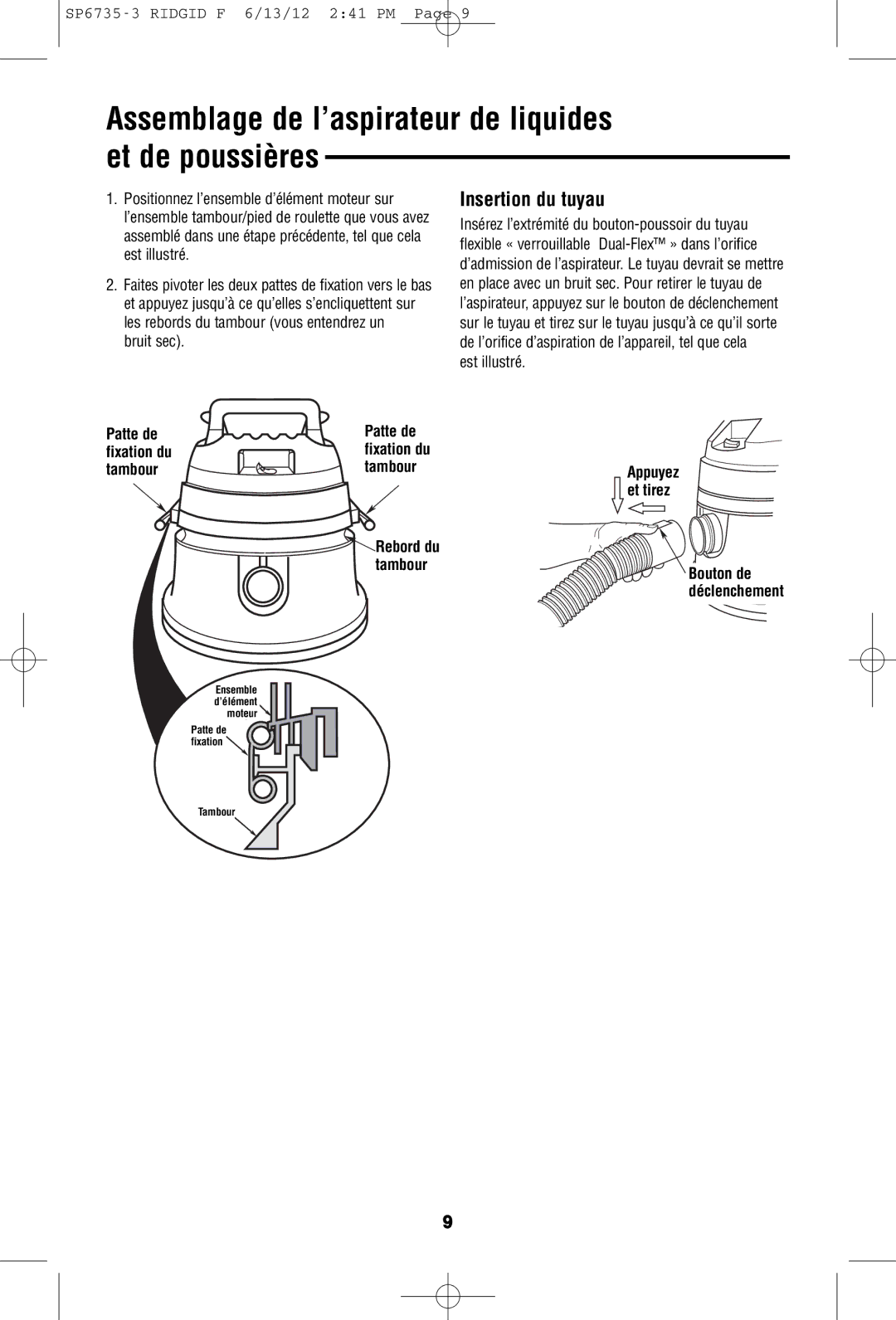 RIDGID WD14500 owner manual Assemblage de l’aspirateur de liquides et de poussières, Insertion du tuyau, Tambour, Rebord du 