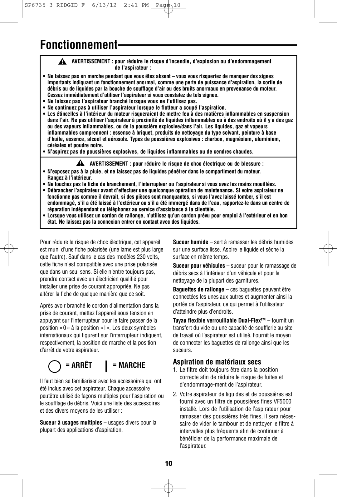 RIDGID WD14500 owner manual Fonctionnement, Aspiration de matériaux secs 