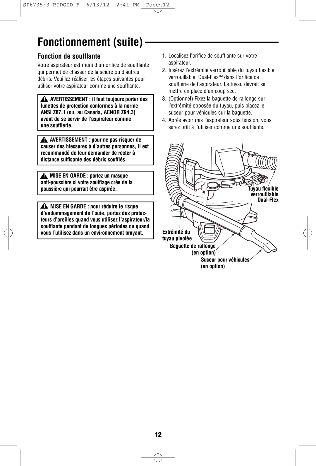 RIDGID WD14500 owner manual Fonction de soufflante 