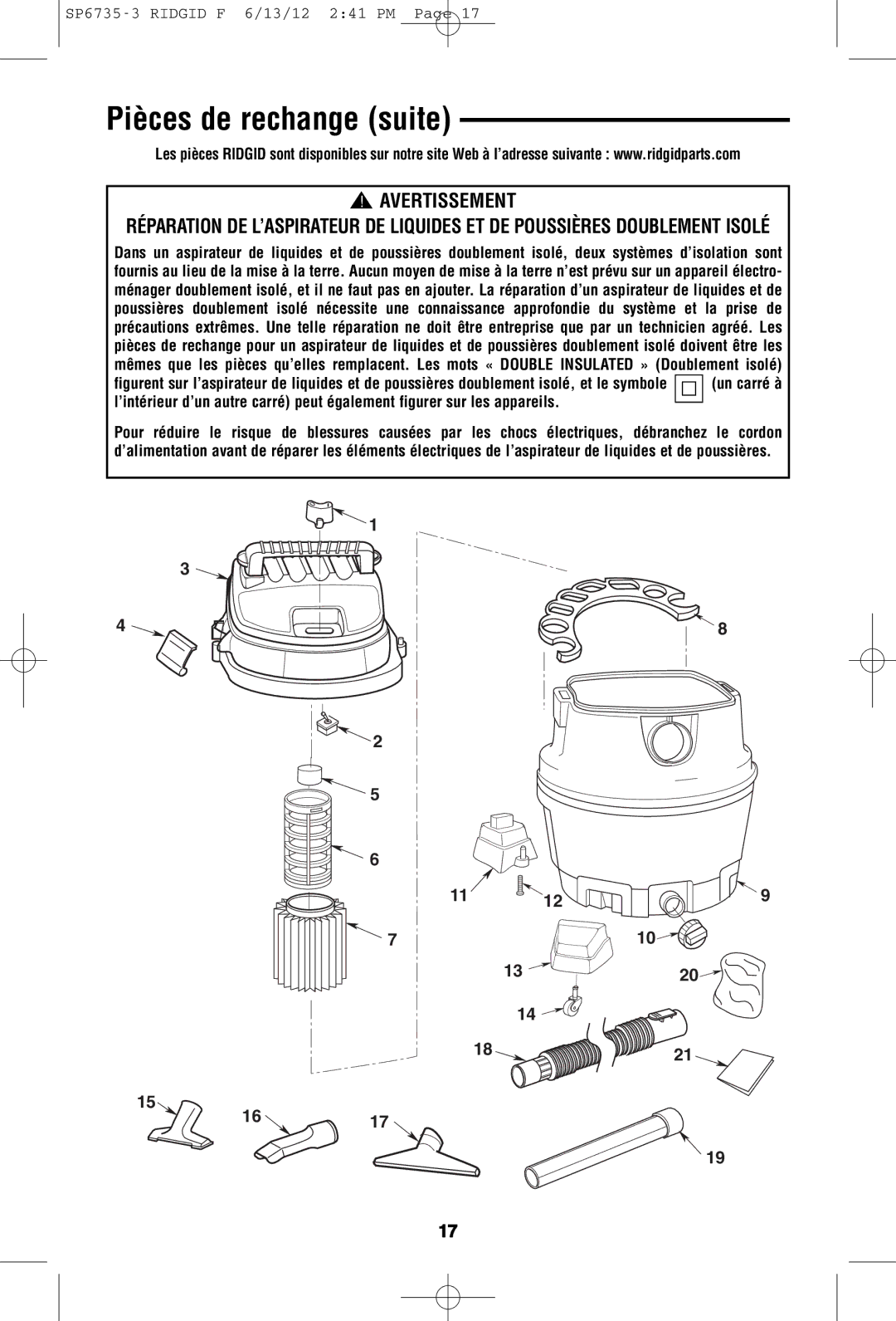 RIDGID WD14500 owner manual Pièces de rechange suite, Avertissement 