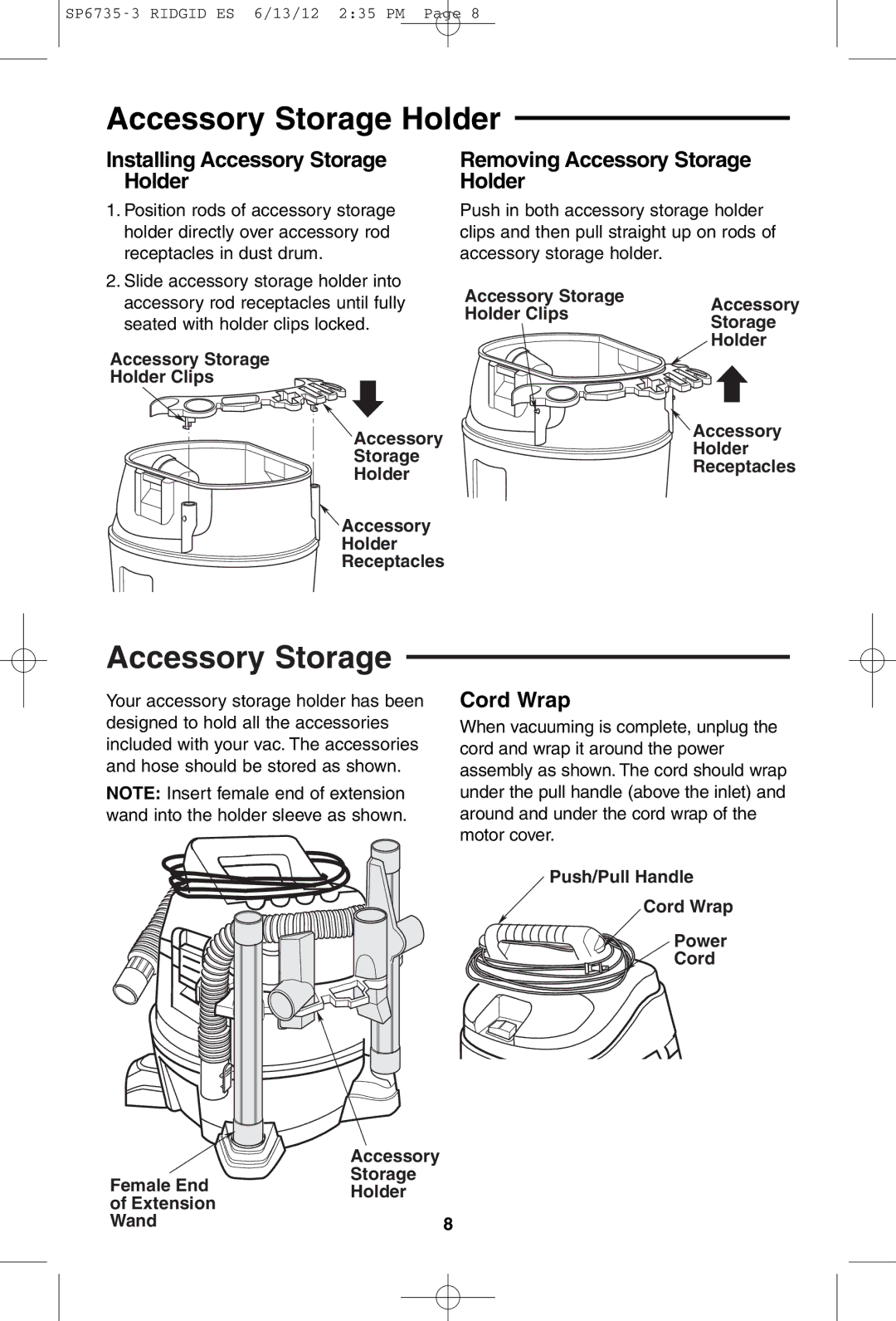 RIDGID WD14500 owner manual Installing Accessory Storage Holder, Removing Accessory Storage Holder, Cord Wrap 