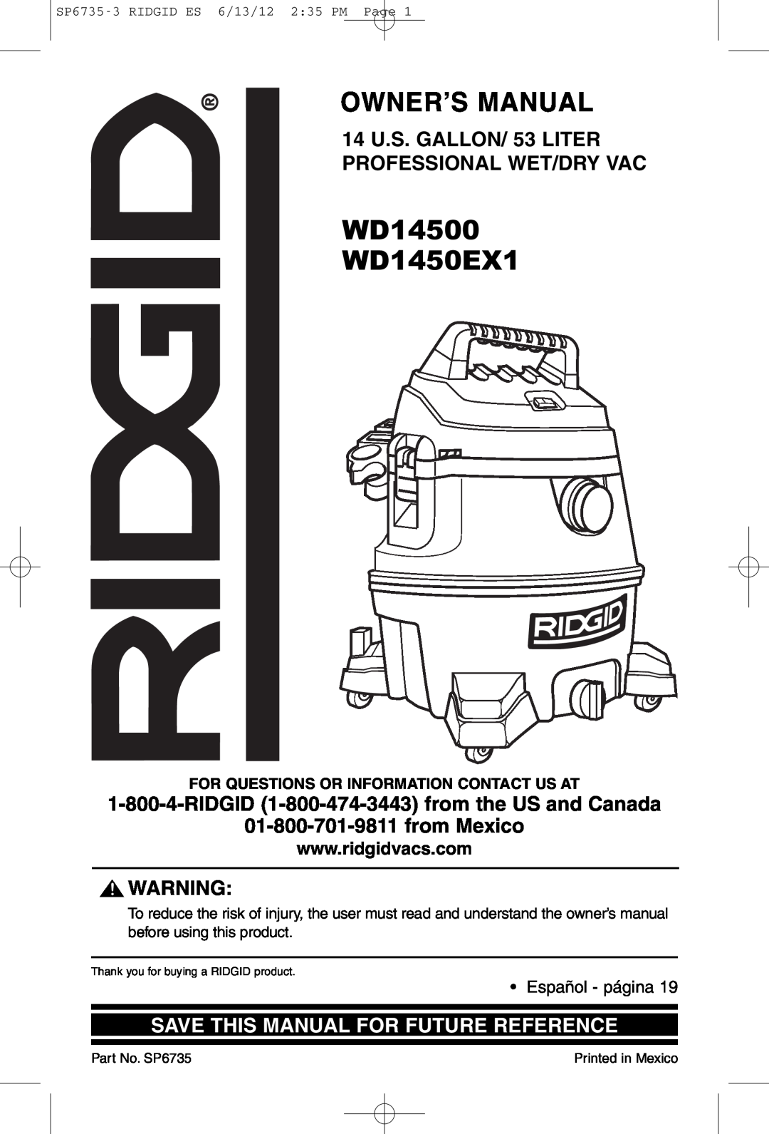 RIDGID owner manual WD14500 WD1450EX1, 14 U.S. GALLON/ 53 LITER PROFESSIONAL WET/DRY VAC, Español - página 