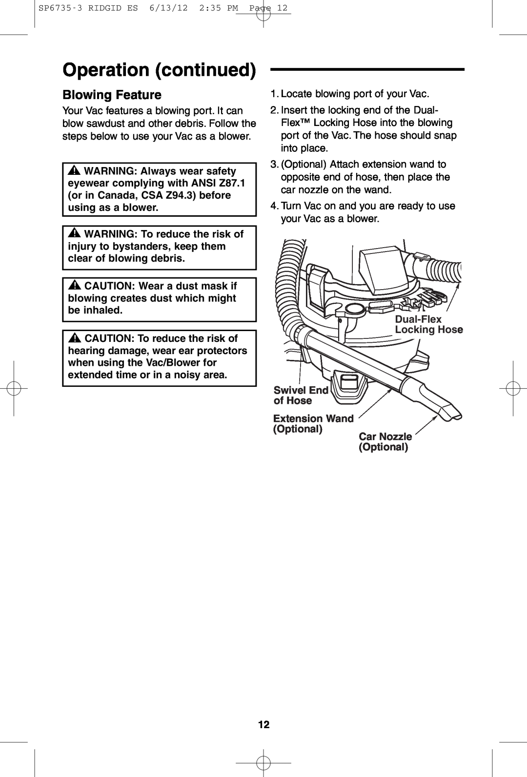 RIDGID WD14500 owner manual Blowing Feature, Operation continued 