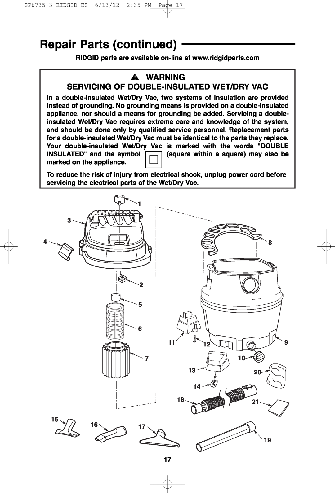 RIDGID WD14500 owner manual Repair Parts continued, Servicing Of Double-Insulatedwet/Dry Vac 