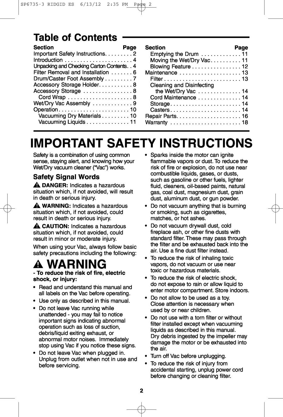 RIDGID WD14500 owner manual Important Safety Instructions, Table of Contents, Safety Signal Words 