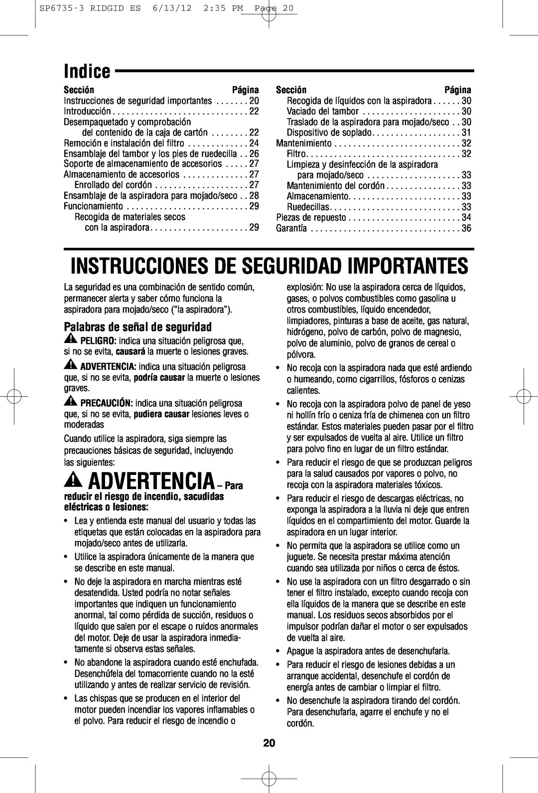 RIDGID WD14500 owner manual Indice, Palabras!de señal de seguridad, Instrucciones De Seguridad Importantes, Sección 