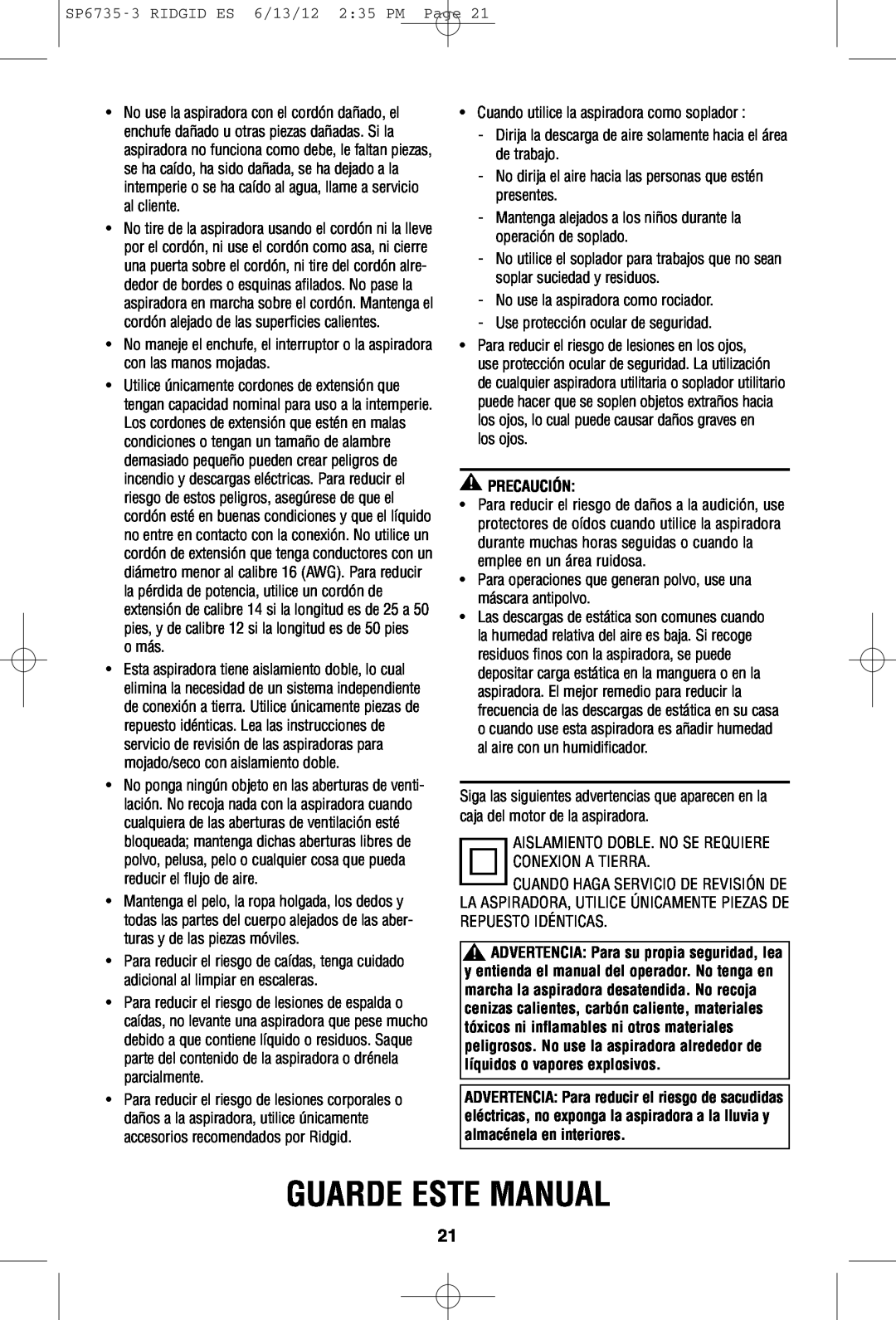 RIDGID WD14500 owner manual Guarde Este Manual, Precaución 