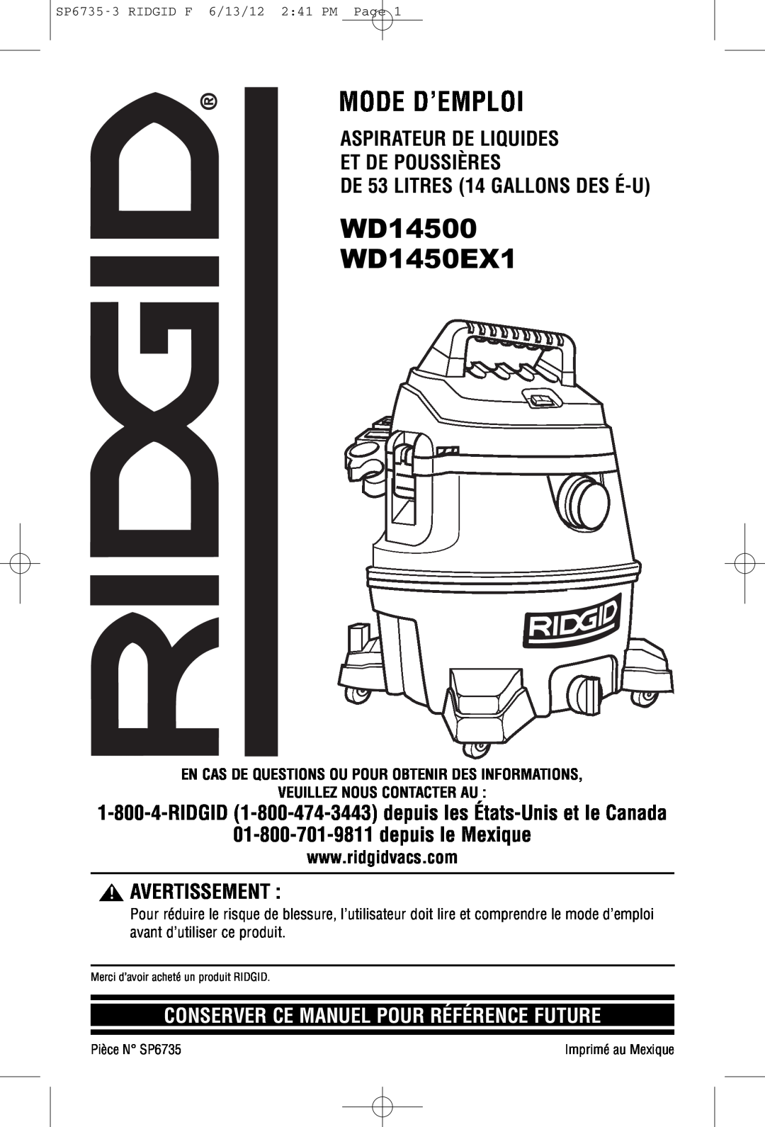 RIDGID WD14500 Mode D’Emploi, Aspirateur De Liquides Et De Poussières, DE 53 LITRES 14 GALLONS DES É-U, Avertissement 