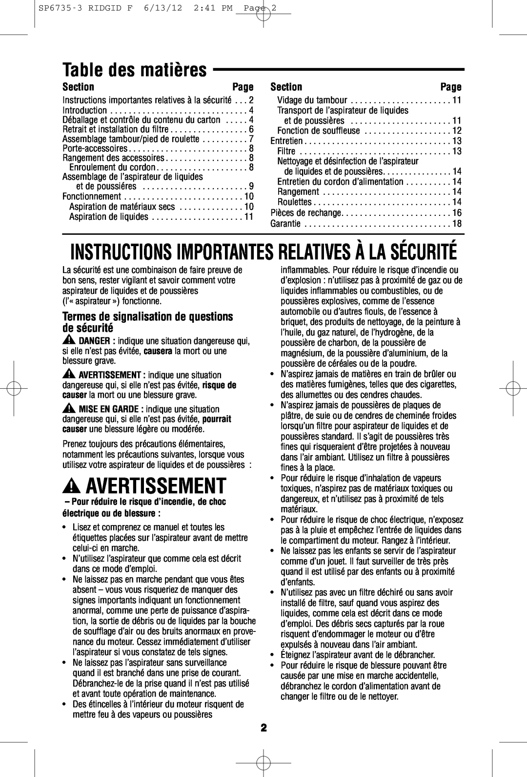RIDGID WD14500 owner manual Avertissement, Table des matières, Instructions Importantes Relatives À La Sécurité, Page 