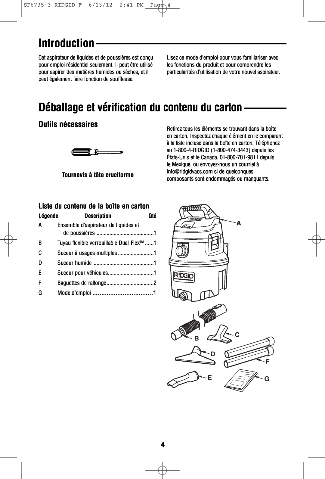 RIDGID WD14500 owner manual Déballage et vérification du contenu du carton, Outils nécessaires, Introduction, Description 