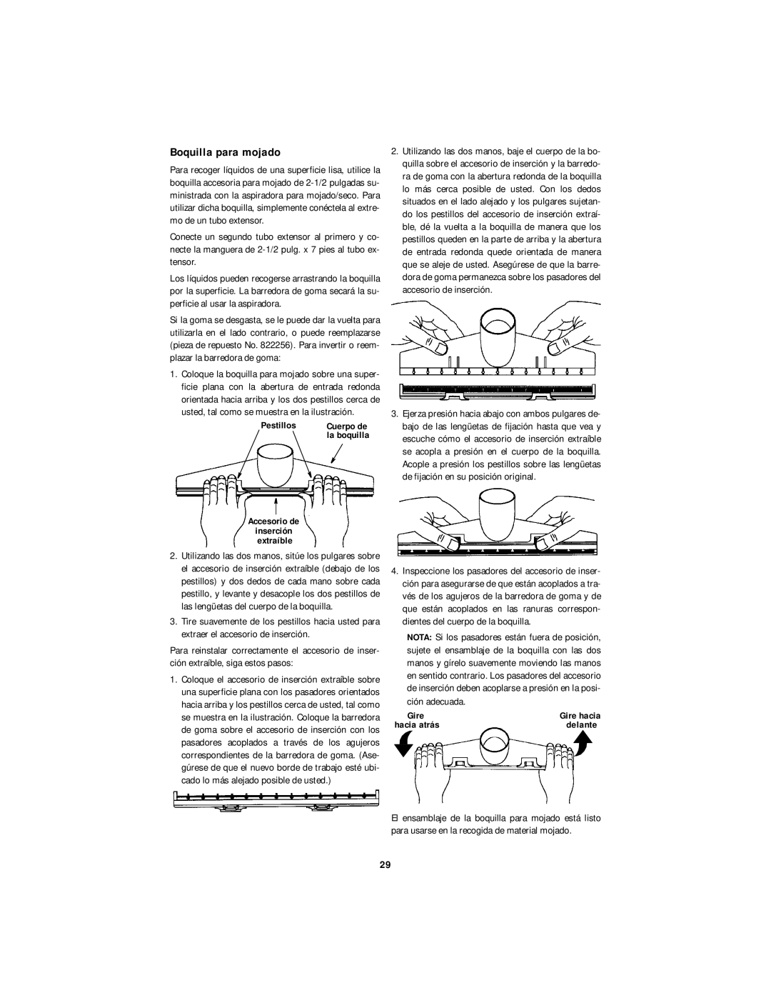 RIDGID WD1665 manual Boquilla para mojado, Pestillos, Accesorio de 