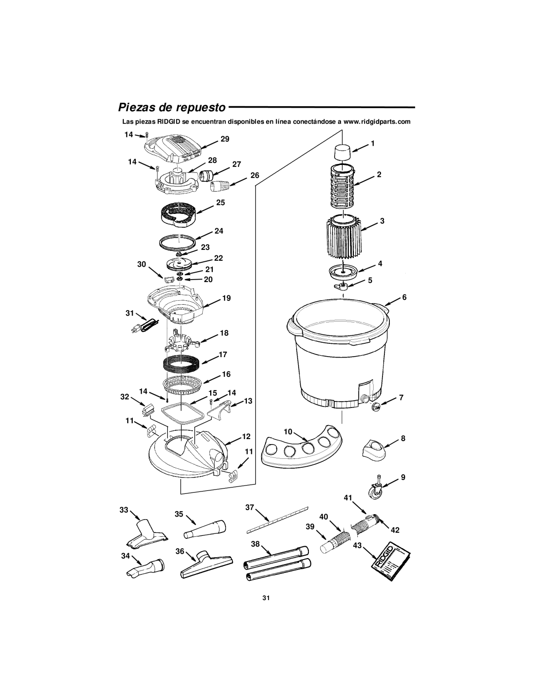 RIDGID WD1665 manual Piezas de repuesto 