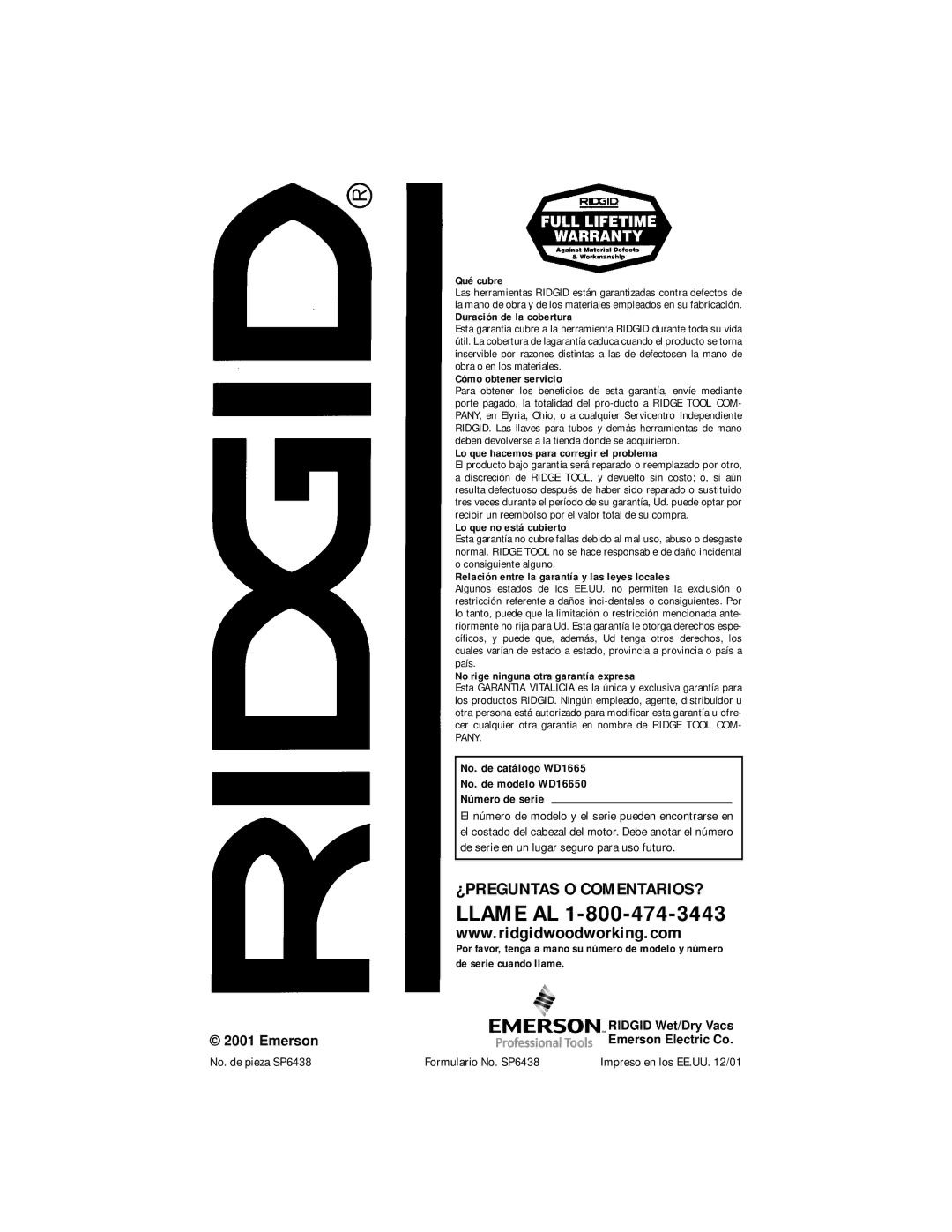 RIDGID manual ¿Preguntas O Comentarios?, No. de catálogo WD1665 No. de modelo WD16650 Número de serie 