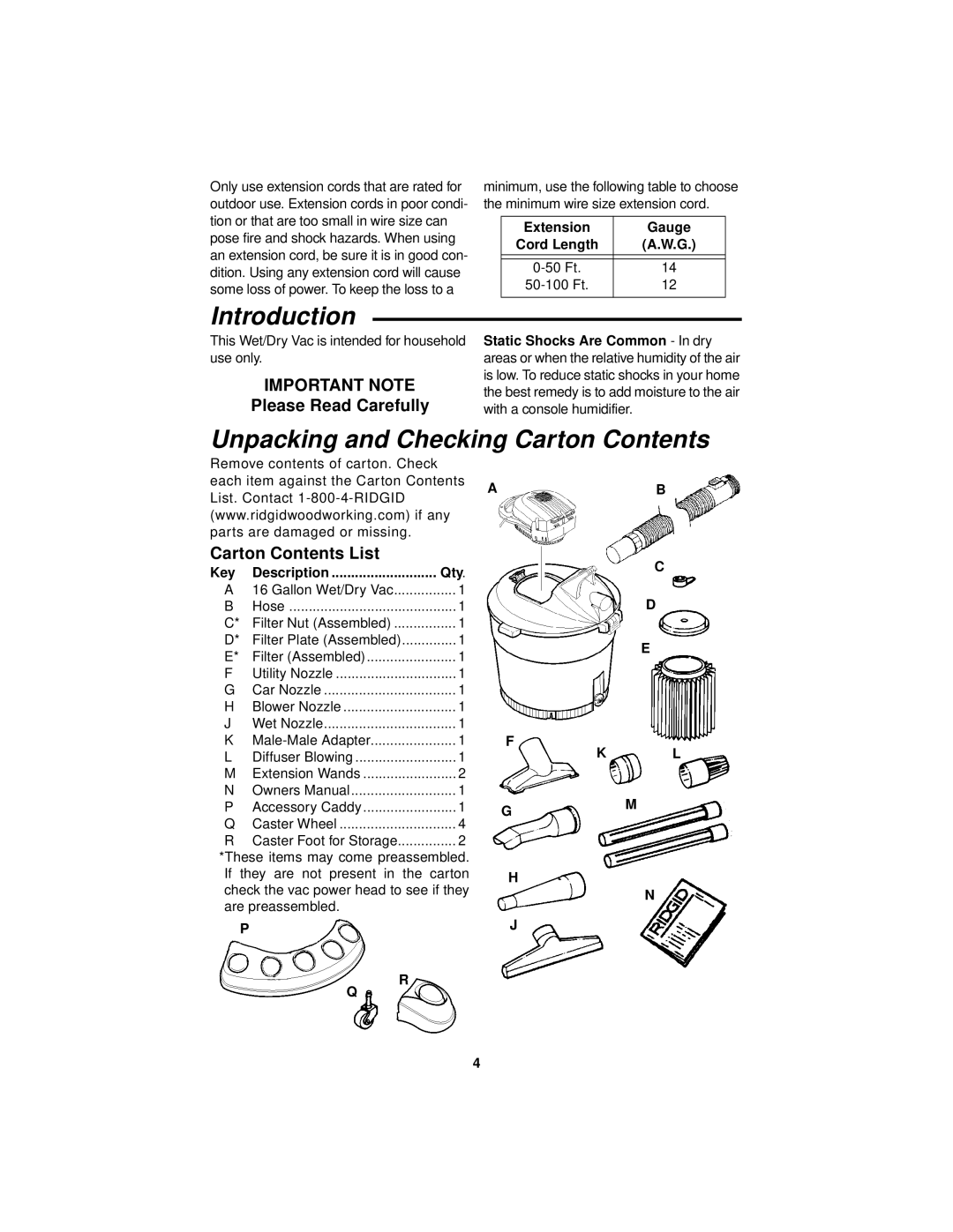 RIDGID WD1665 manual Introduction, Unpacking and Checking Carton Contents 