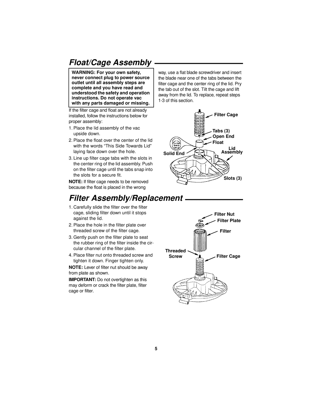 RIDGID WD1665 manual Float/Cage Assembly, Filter Assembly/Replacement 