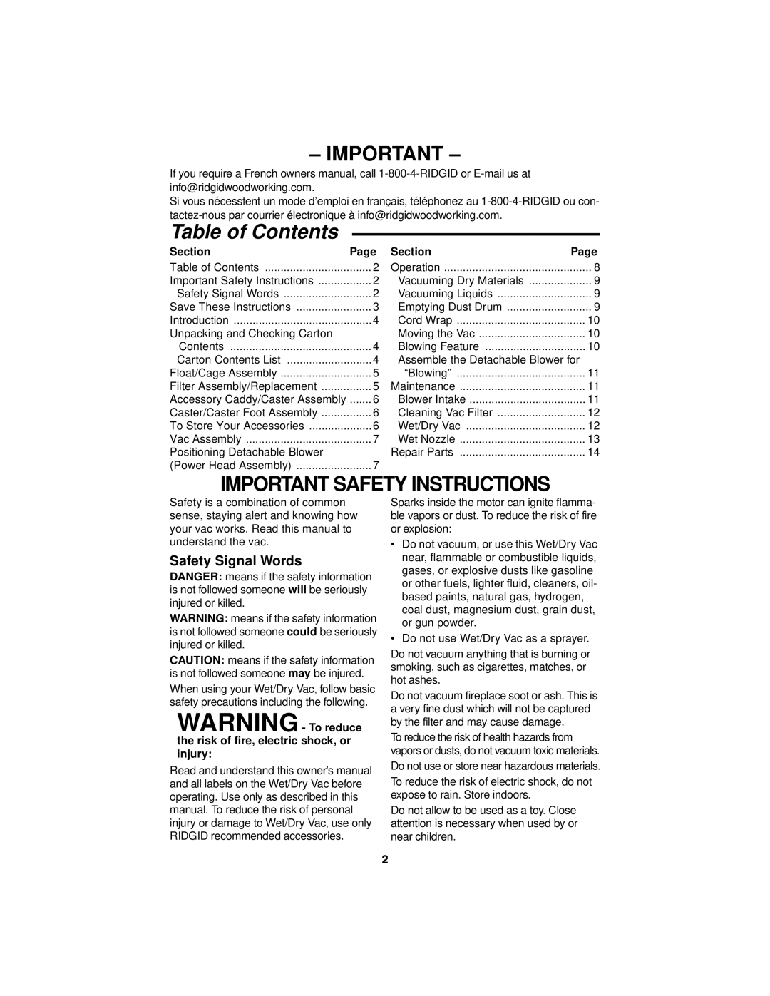 RIDGID WD1665 manual Table of Contents, Important Safety Instructions, Safety Signal Words 