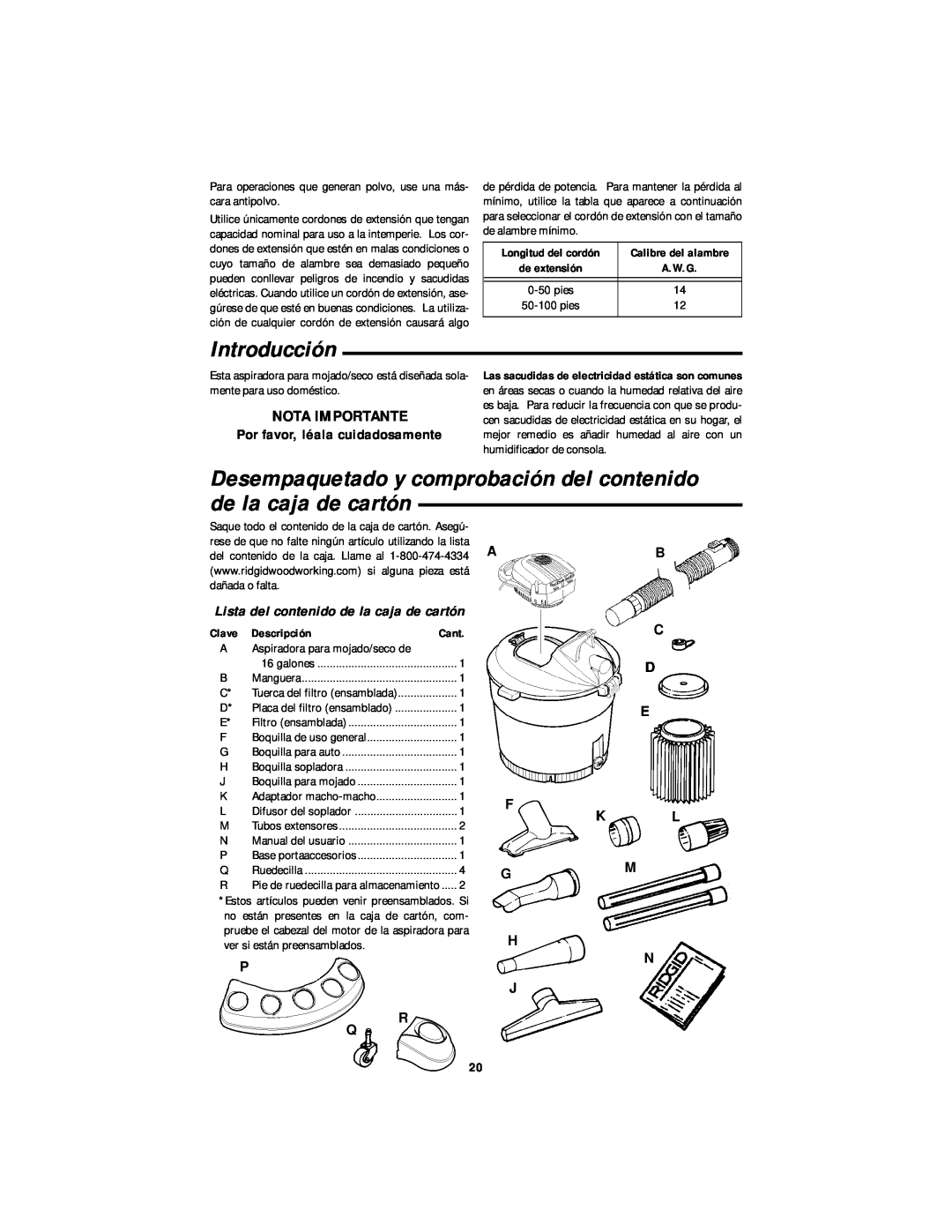 RIDGID WD1665 manual Introducción, Desempaquetado y comprobación del contenido de la caja de cartón, Nota Importante, Clave 
