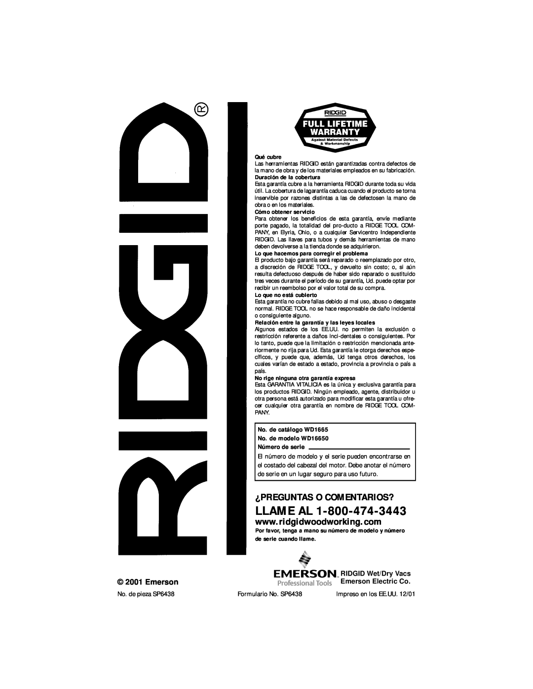 RIDGID manual ¿Preguntas O Comentarios?, Llame Al, No. de catálogo WD1665 No. de modelo WD16650 Número de serie 