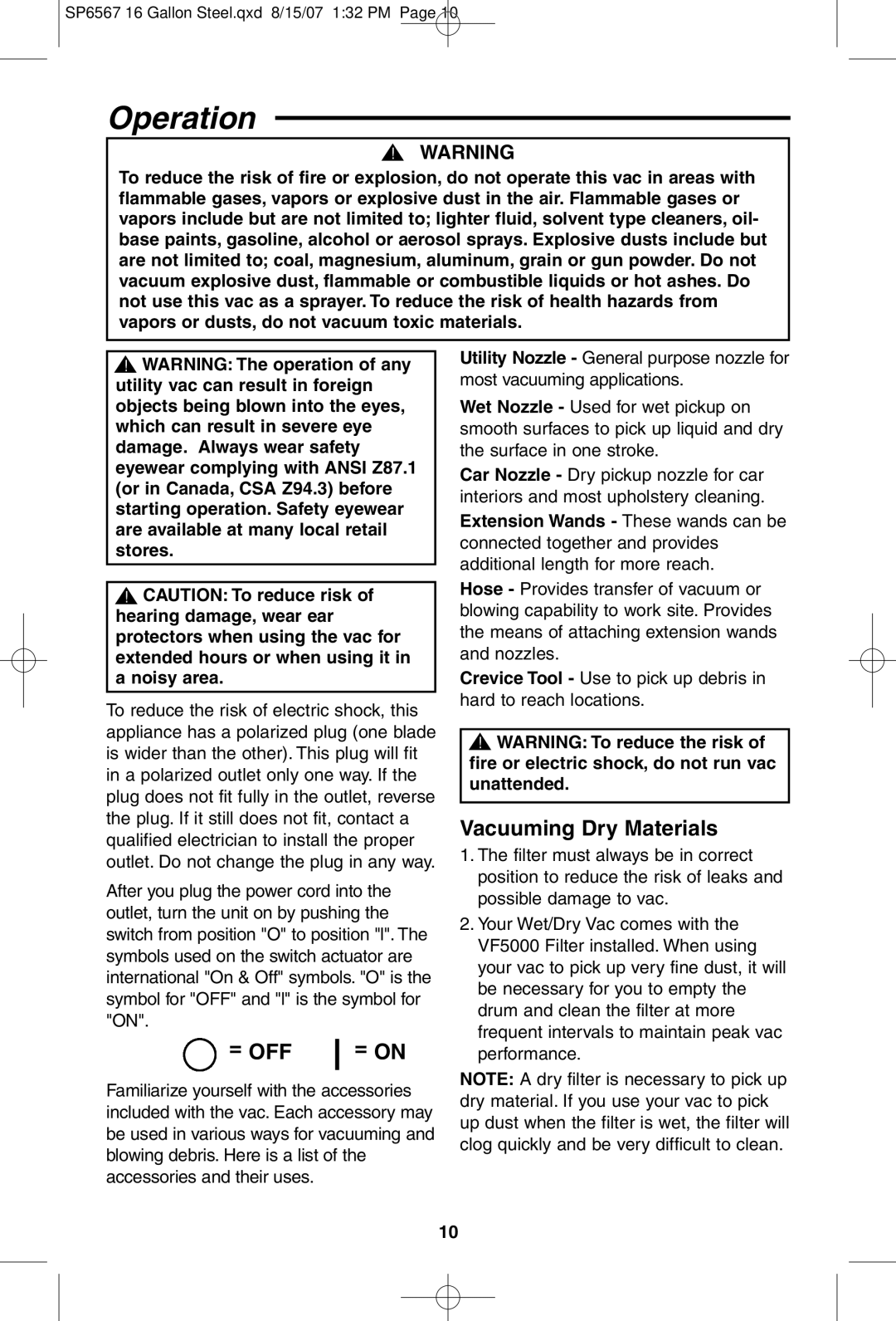 RIDGID WD1950 manual = Off, Vacuuming Dry Materials 