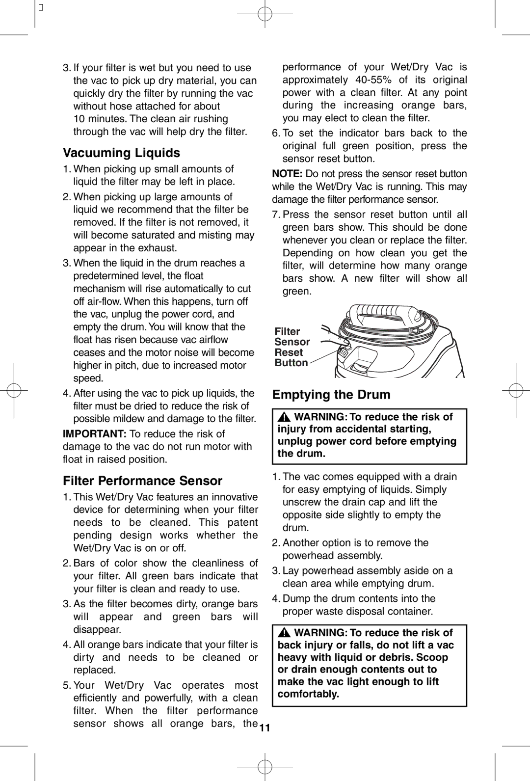 RIDGID WD1950 manual Vacuuming Liquids, Filter Performance Sensor, Emptying the Drum, Filter Sensor Reset Button 