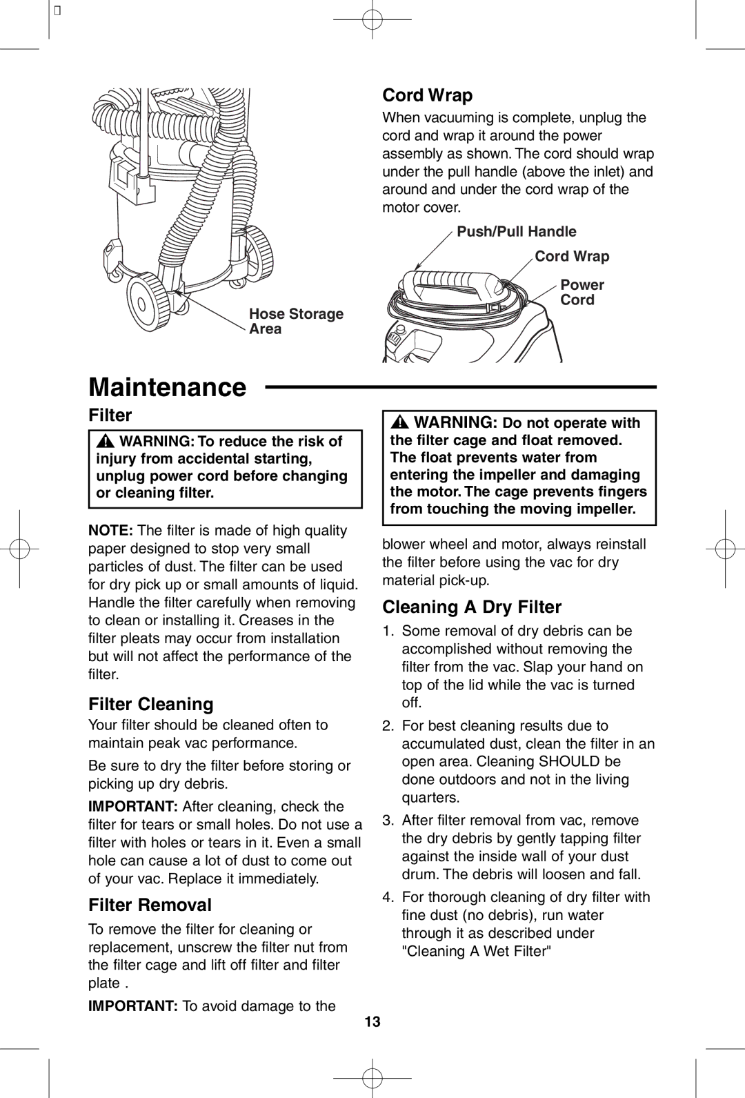 RIDGID WD1950 manual Maintenance, Cord Wrap, Filter Filter Cleaning, Filter Removal, Cleaning a Dry Filter 