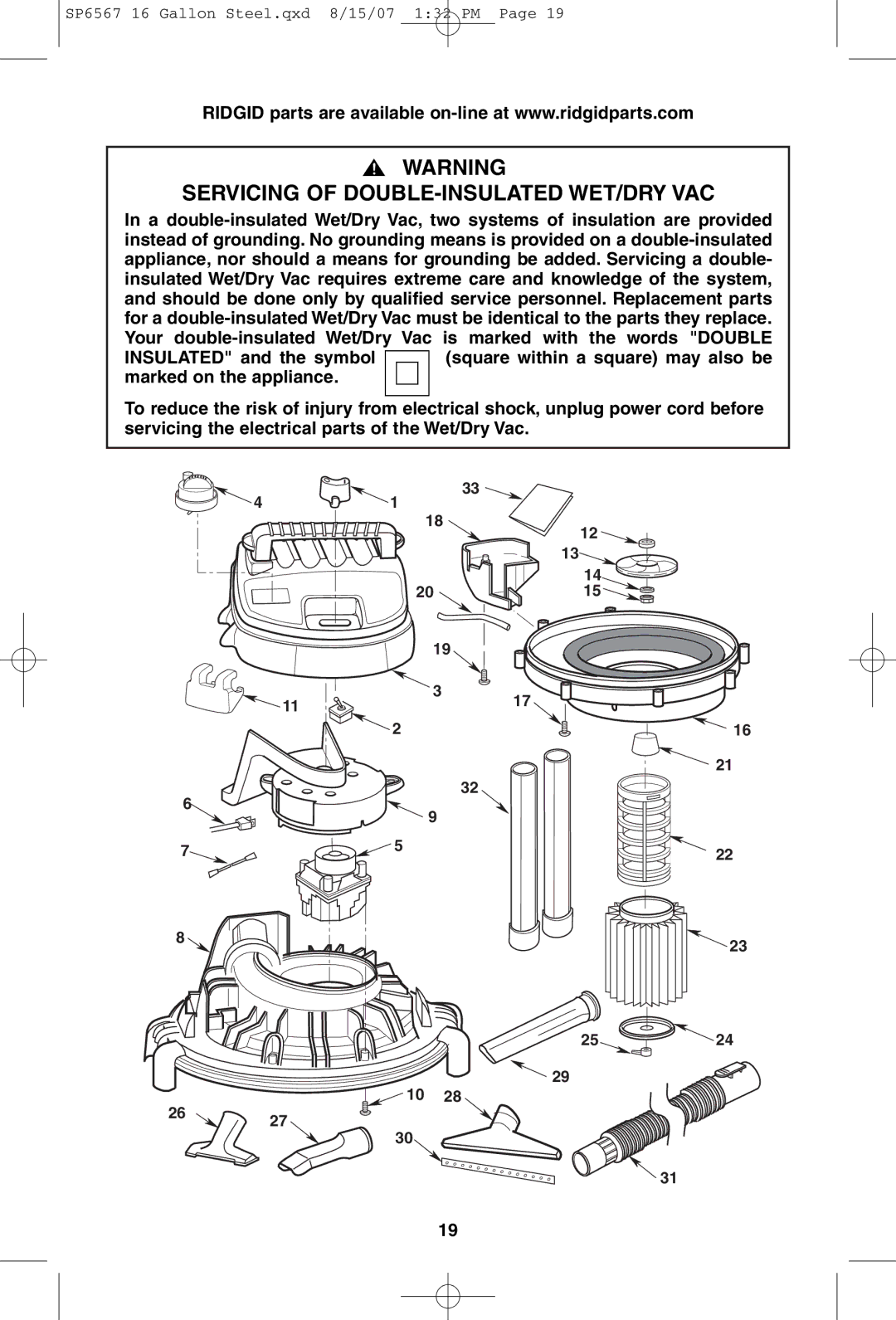 RIDGID WD1950 manual Servicing of DOUBLE-INSULATED WET/DRY VAC 