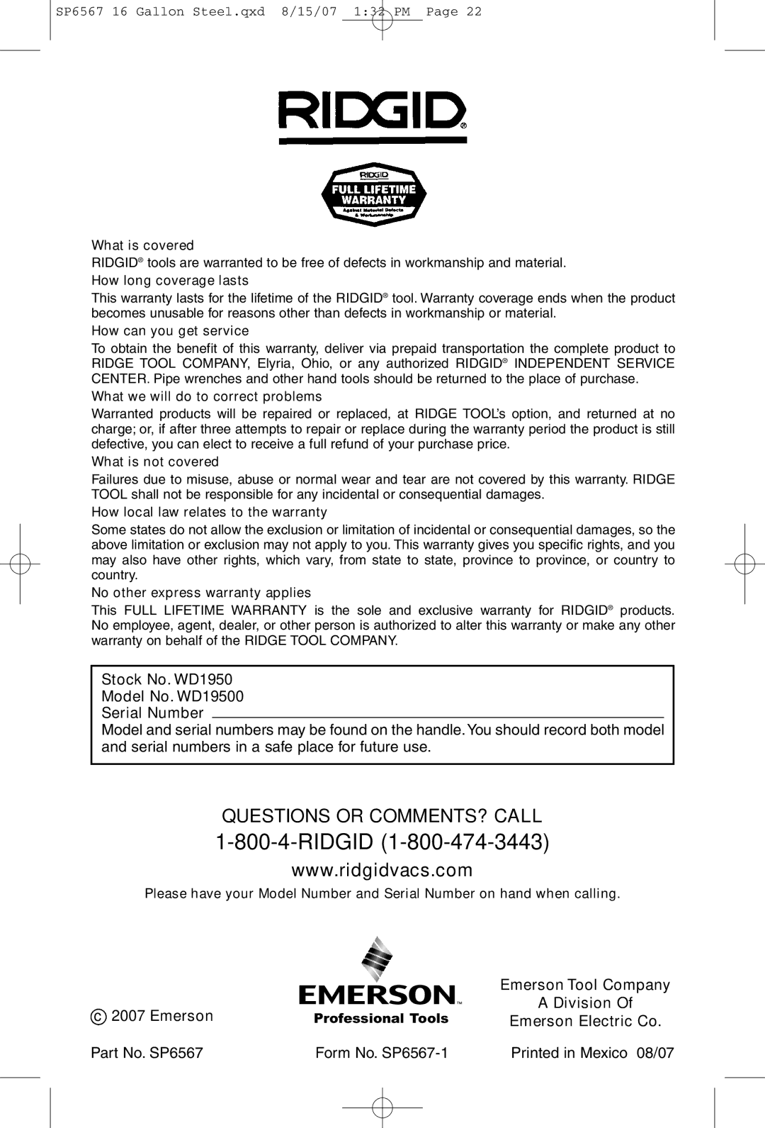 RIDGID manual Stock No. WD1950 Model No. WD19500 Serial Number, Emerson Tool Company, Division, Emerson Electric Co 