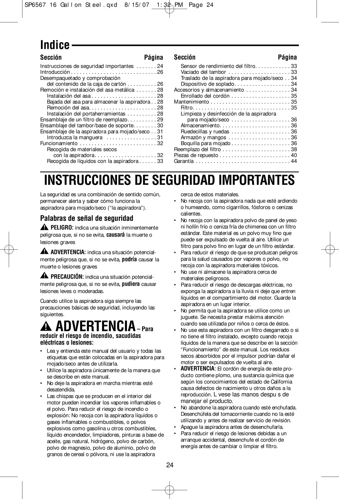 RIDGID WD1950 manual Indice, Sección 