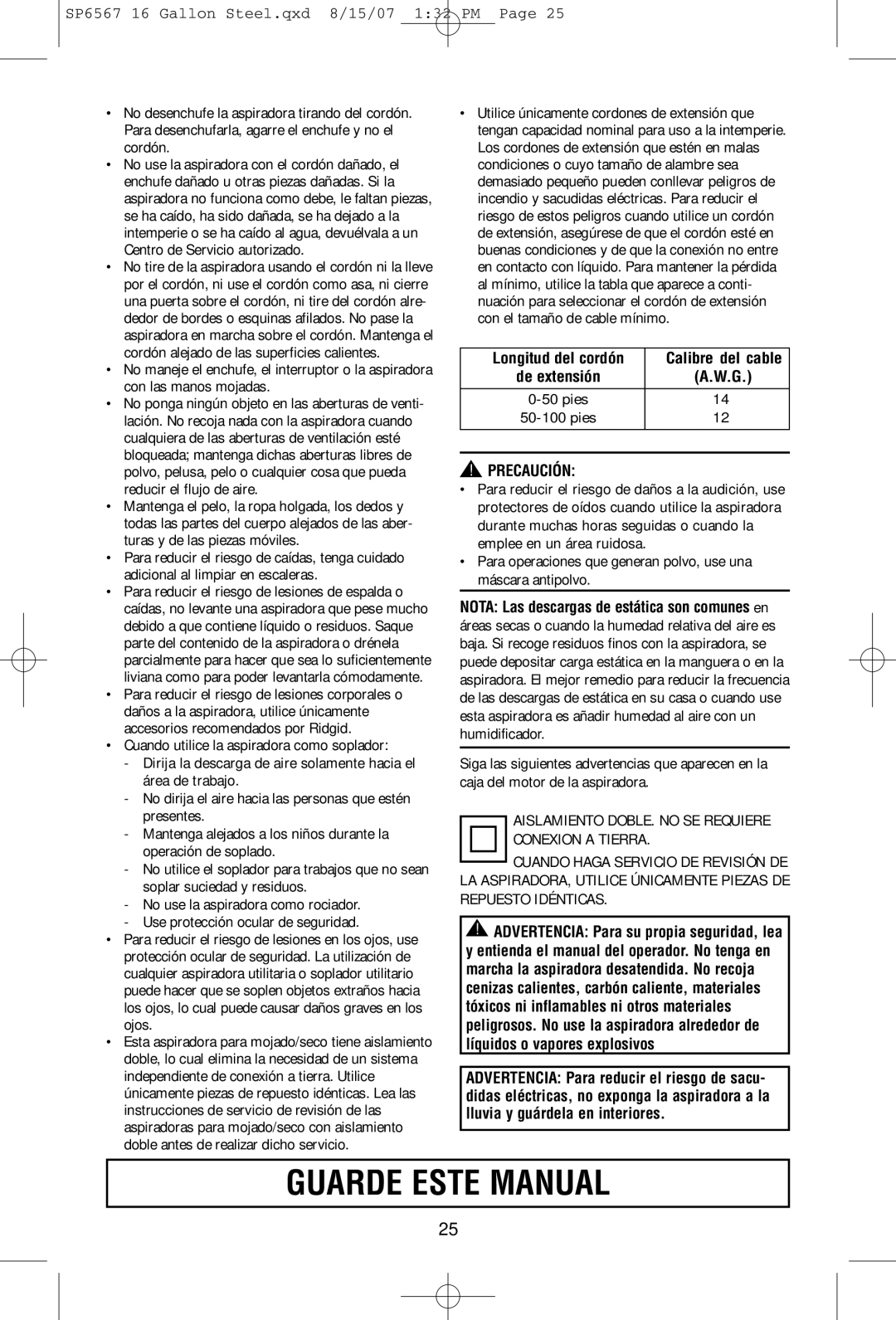 RIDGID WD1950 manual Guarde Este Manual 