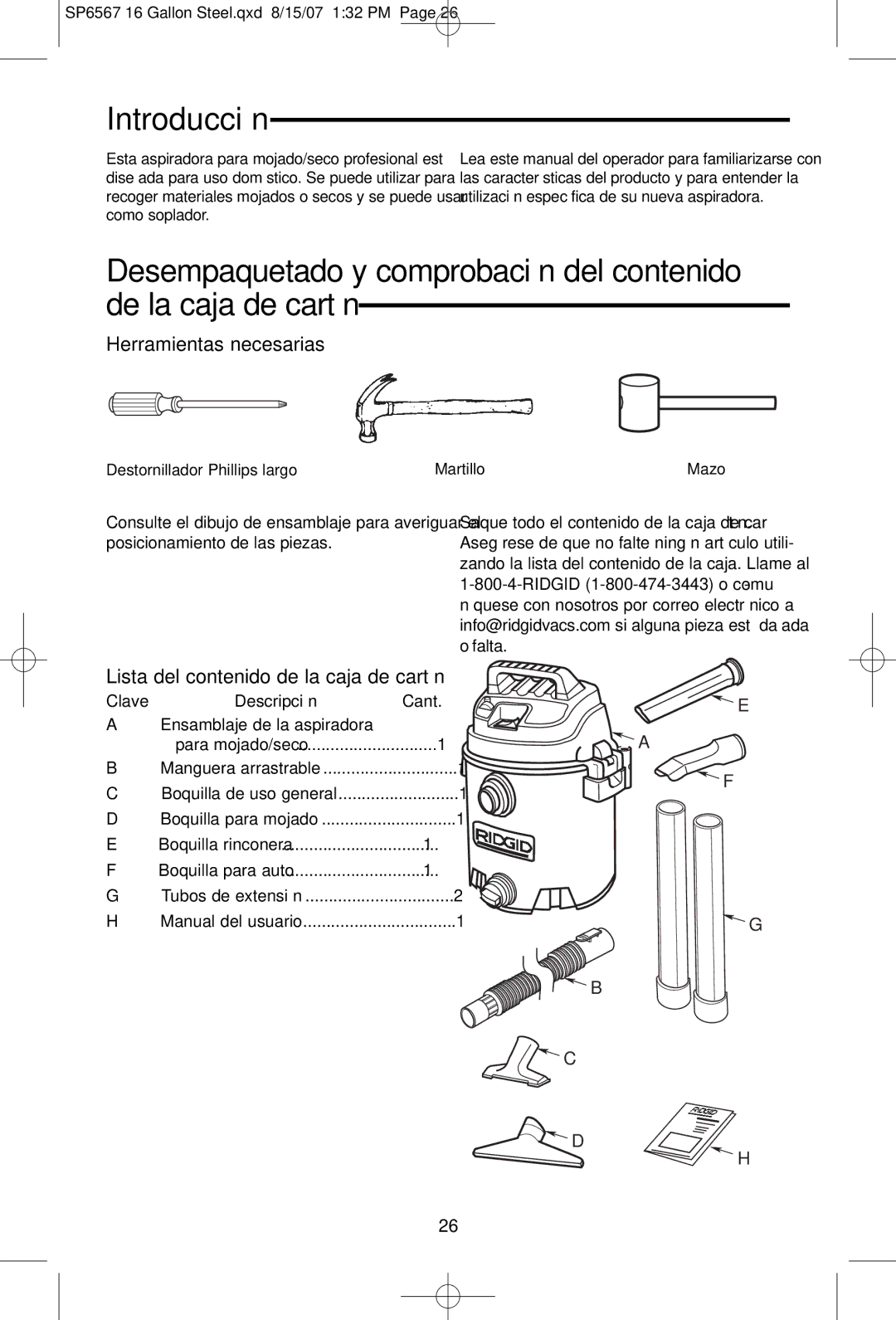 RIDGID WD1950 manual Introducción, Lista del contenido de la caja de cartón, Destornillador Phillips largo Martillo 