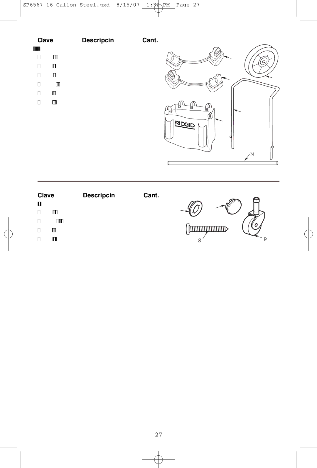 RIDGID WD1950 manual Clave Descripción Cant 