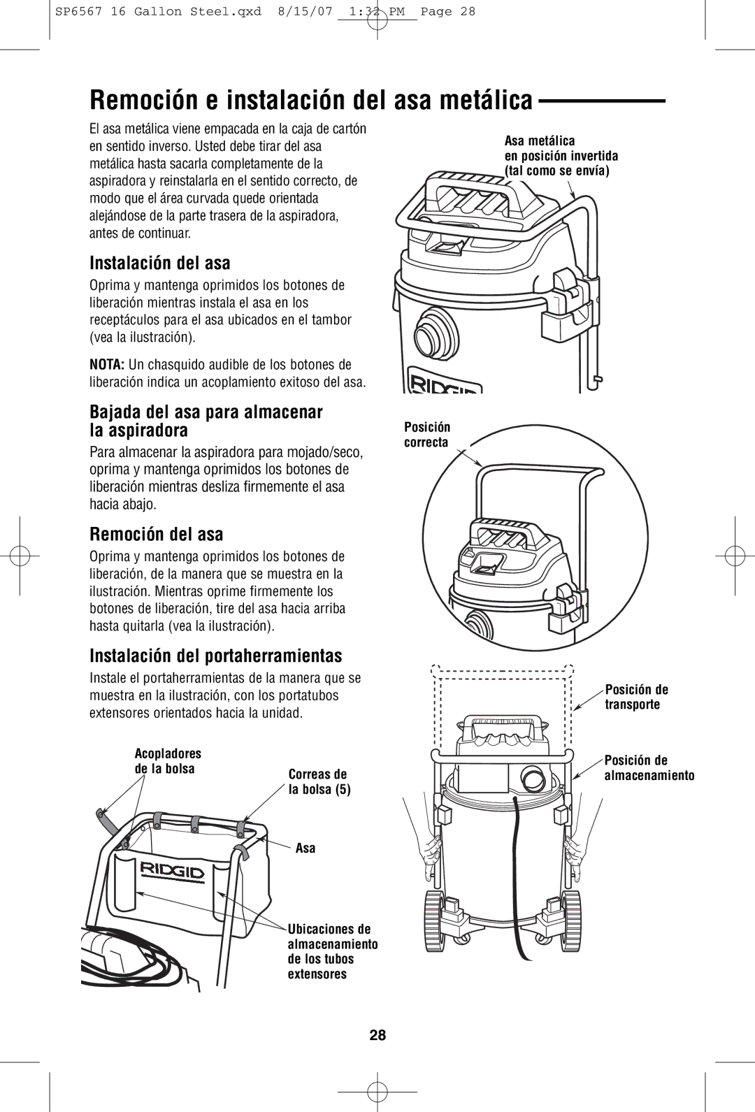 RIDGID WD1950 Remoción e instalación del asa metálica, Instalación del asa, Bajada del asa para almacenar la aspiradora 