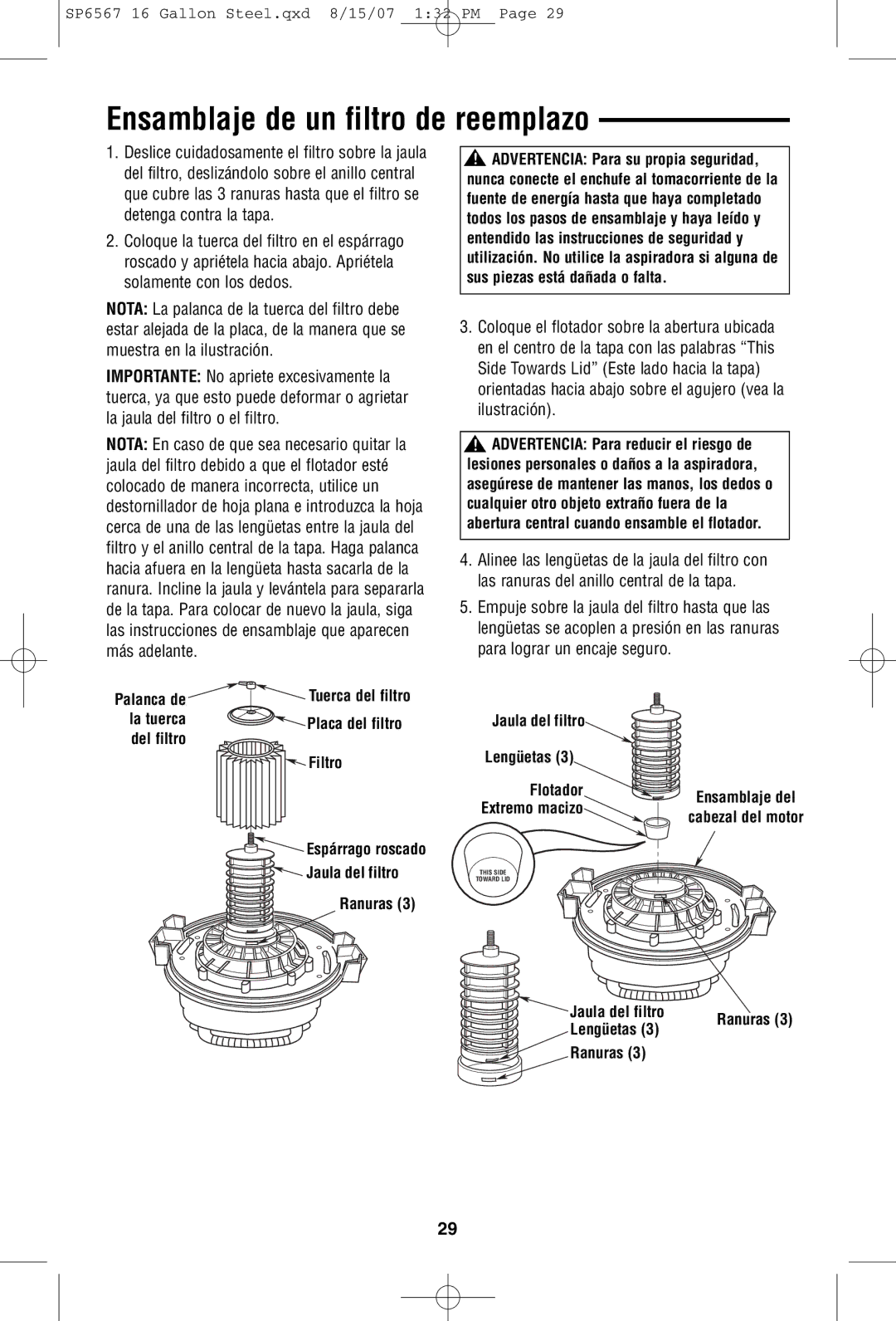 RIDGID WD1950 manual Ensamblaje de un filtro de reemplazo 