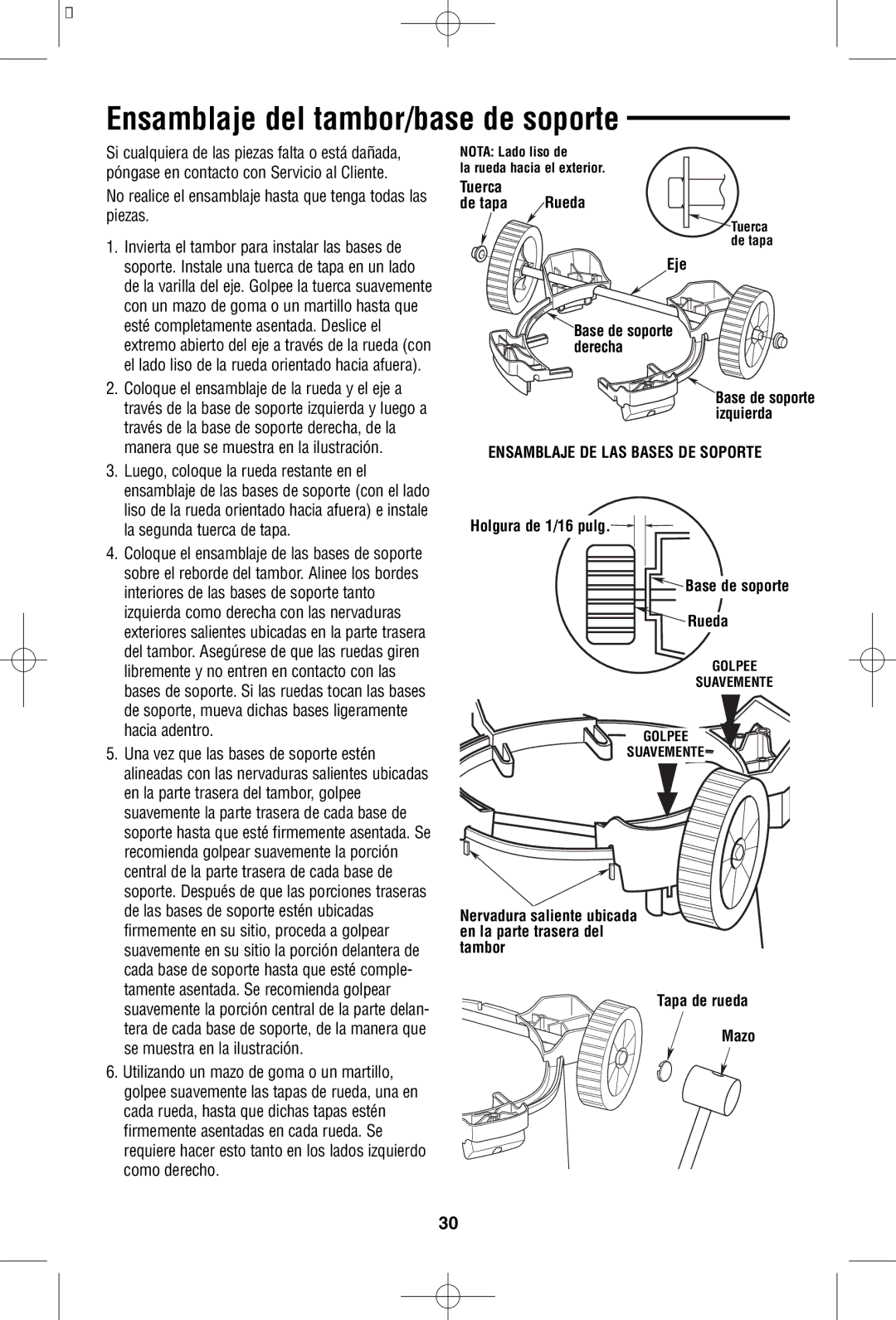 RIDGID WD1950 manual Ensamblaje del tambor/base de soporte, DeCaptapaNut RuedaWheel, EjeShaft, Raised Rib, MalletMazo 