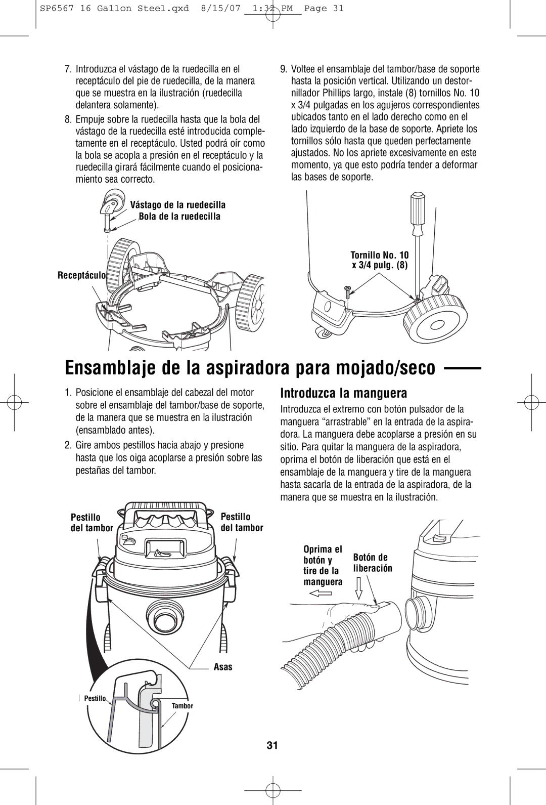 RIDGID WD1950 manual Ensamblaje de la aspiradora para mojado/seco, Introduzca la manguera, HandlesAsas 