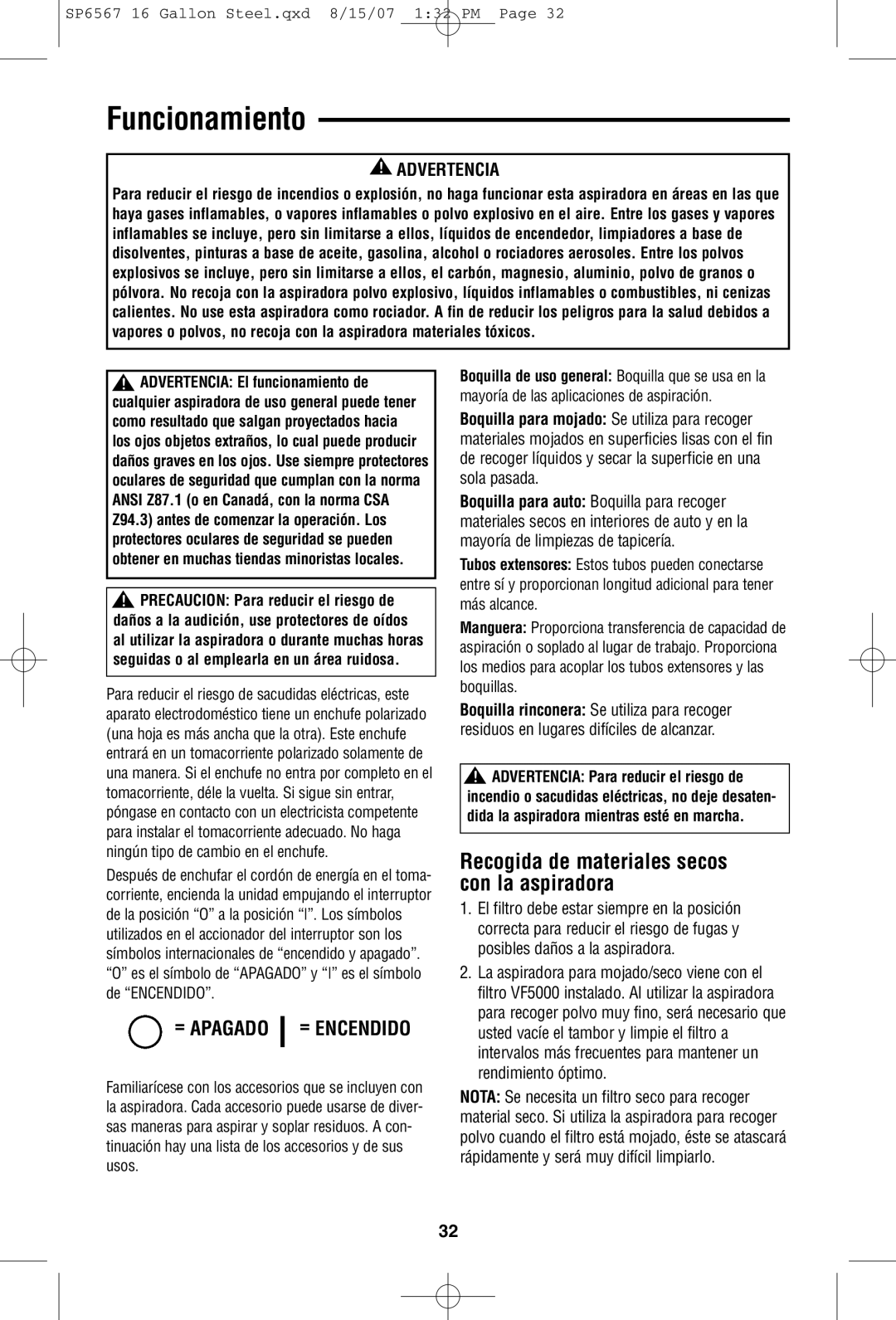 RIDGID WD1950 manual Funcionamiento, Recogida de materiales secos con la aspiradora 