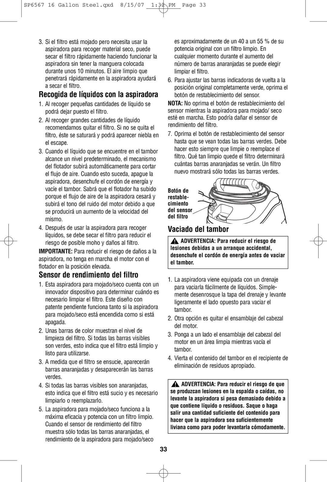 RIDGID WD1950 manual Sensor de rendimiento del filtro, Vaciado del tambor, Recogida de líquidos con la aspiradora 