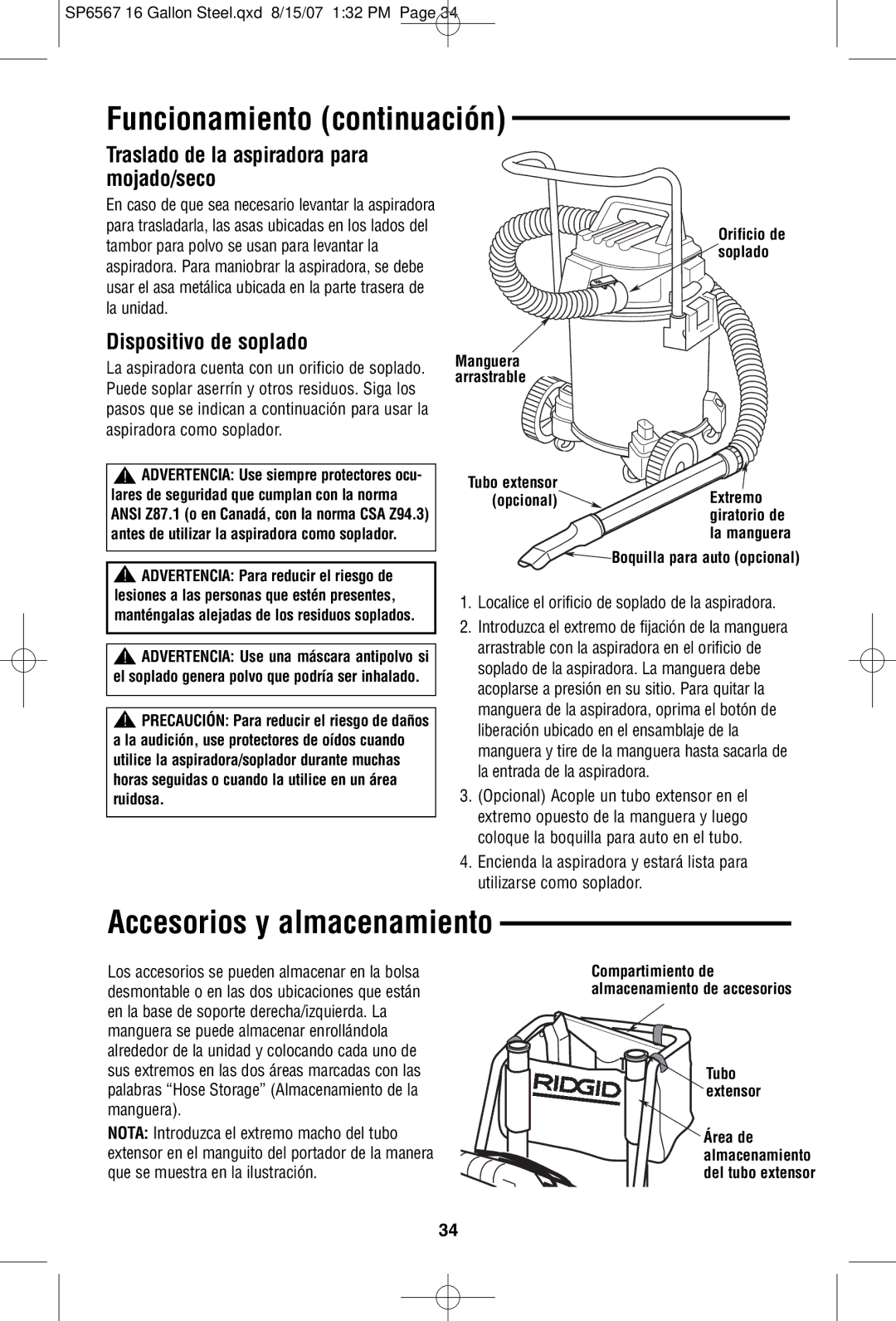 RIDGID WD1950 manual Funcionamiento continuación, Accesorios y almacenamiento, Traslado de la aspiradora para mojado/seco 