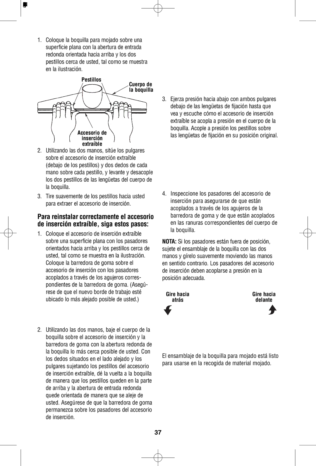 RIDGID WD1950 manual Twist, Pestillos, Extraíble, Delante, Backward 