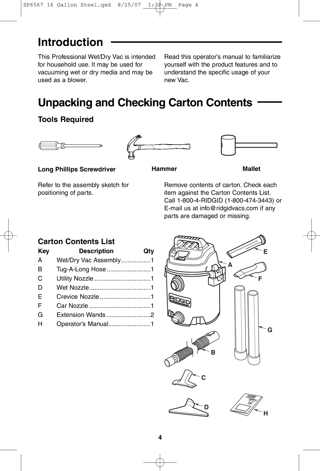 RIDGID WD1950 manual Introduction, Unpacking and Checking Carton Contents 