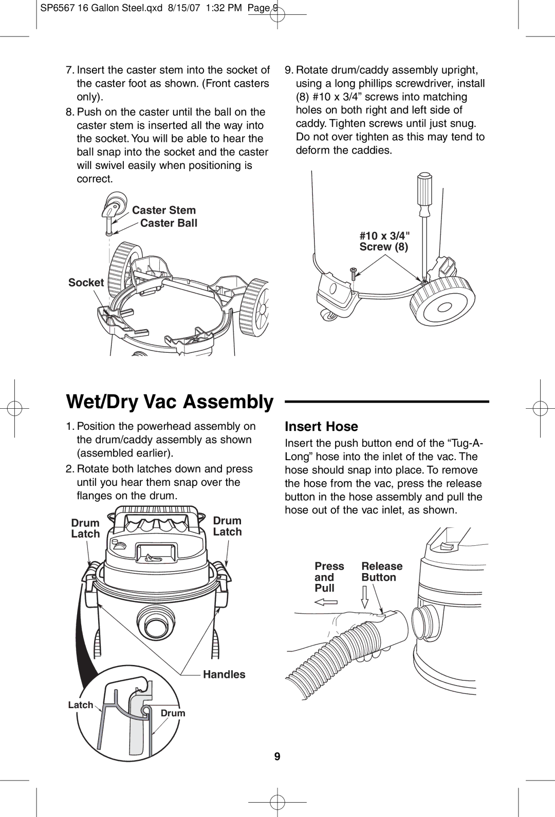 RIDGID WD1950 manual Wet/Dry Vac Assembly, Insert Hose 