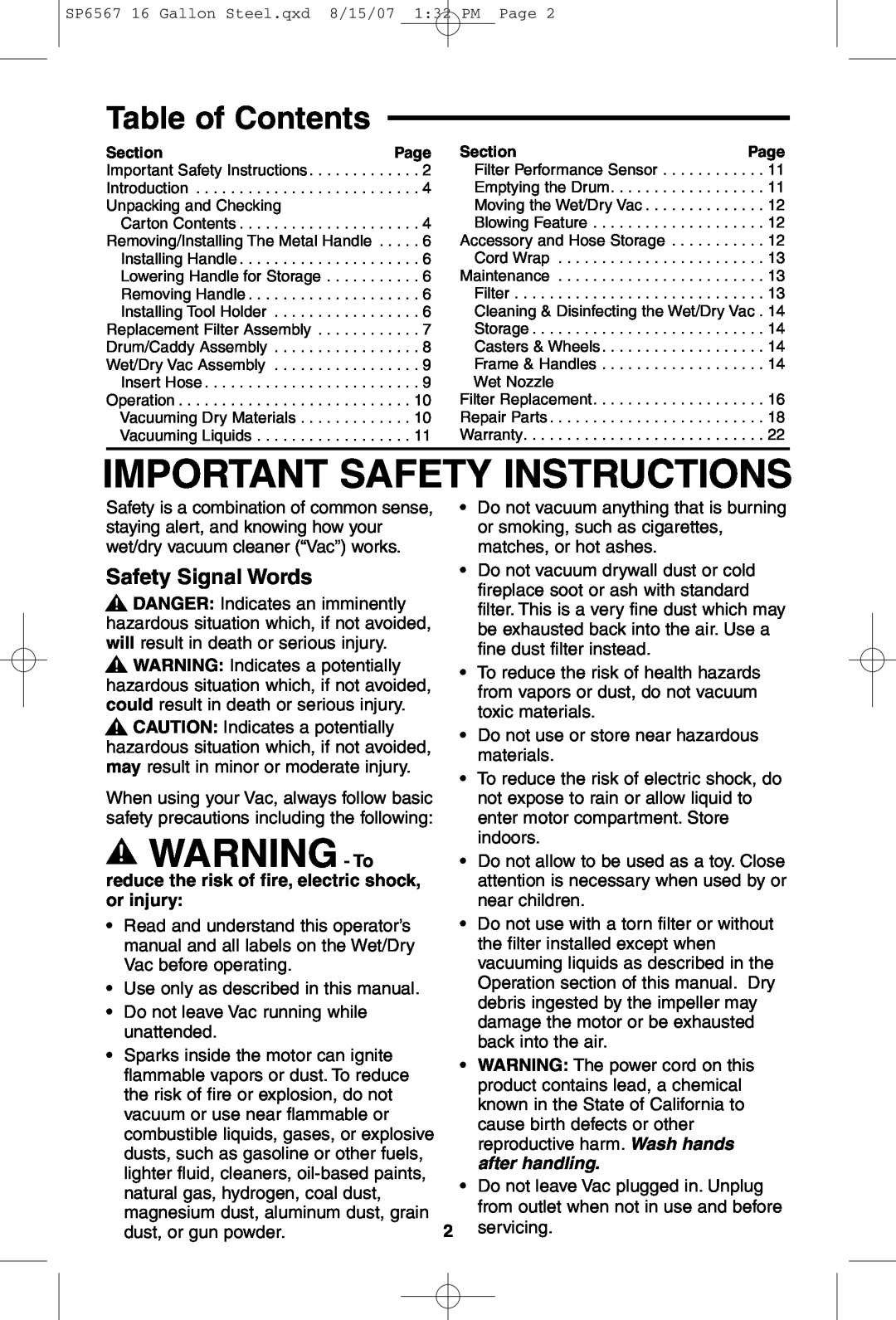 RIDGID WD1950 manual Important Safety Instructions, WARNING - To, Table of Contents, Safety Signal Words 