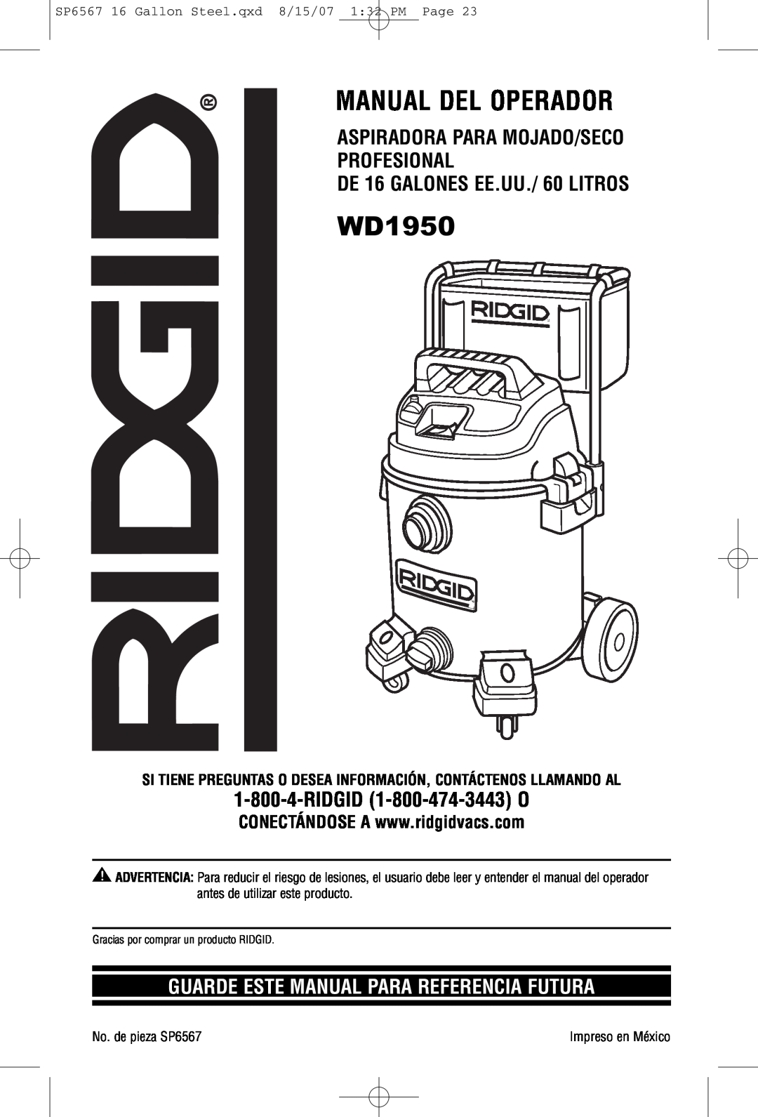 RIDGID WD1950 manual Manual Del Operador, Aspiradora Para Mojado/Seco Profesional, DE 16 GALONES EE.UU./ 60 LITROS 