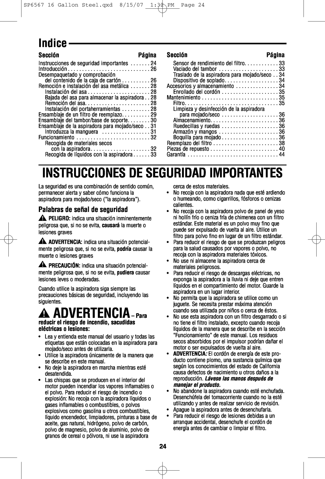 RIDGID WD1950 manual Indice, Instrucciones De Seguridad Importantes, ADVERTENCIA - Parasiguientes 