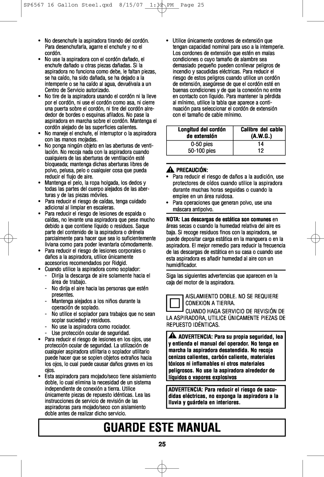 RIDGID WD1950 manual Guarde Este Manual, Precaución 